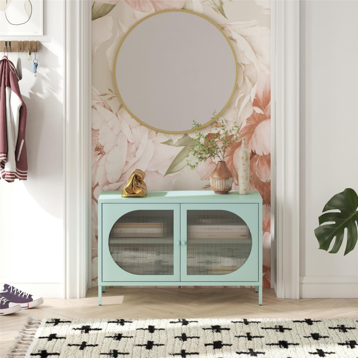 Luna Wide 2 Door Accent Cabinet with Fluted Glass, Sky Blue - Sky Blue