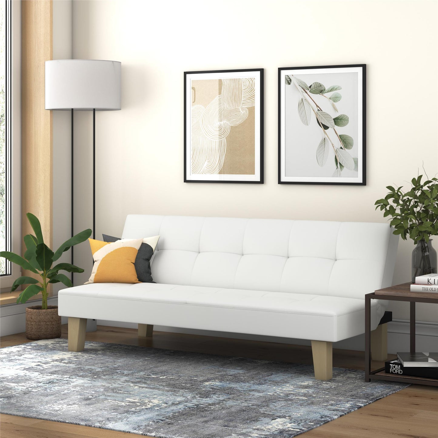 Aubrey Convertible Futon Sofa and Couch Sleeper Faux Leather - White