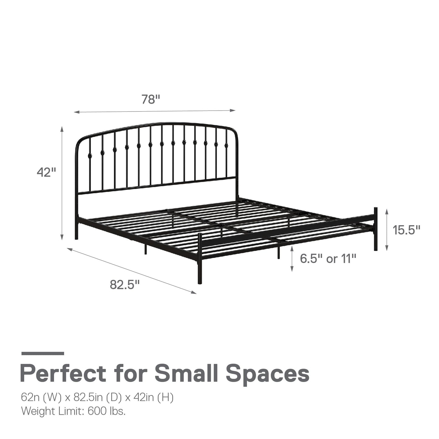 DHP Narla Metal Platform Bed Frame, King, Black - Black - King