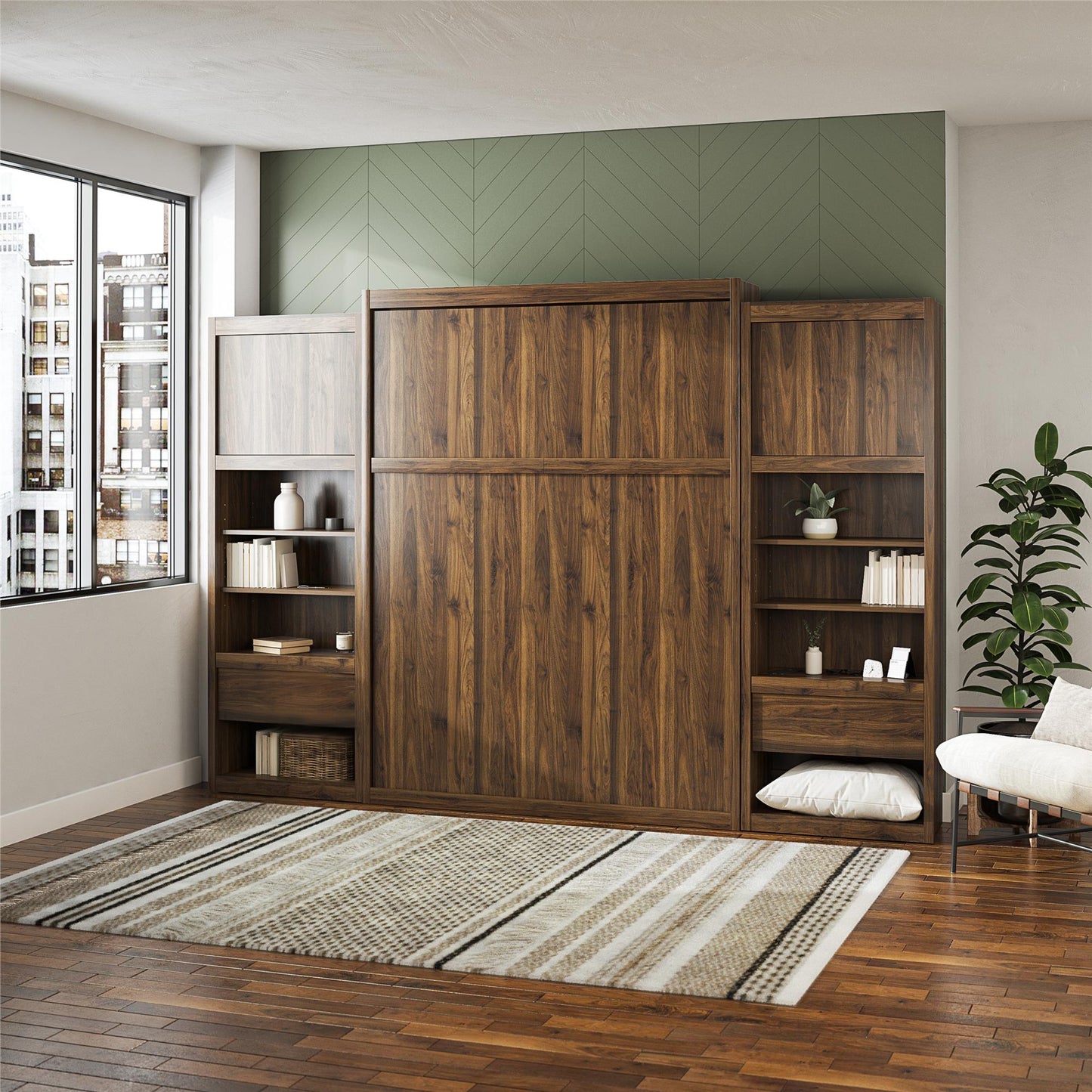 Paramount Single Side Cabinet for Wall Beds with Pullout Nightstand and Storage - Columbia Walnut