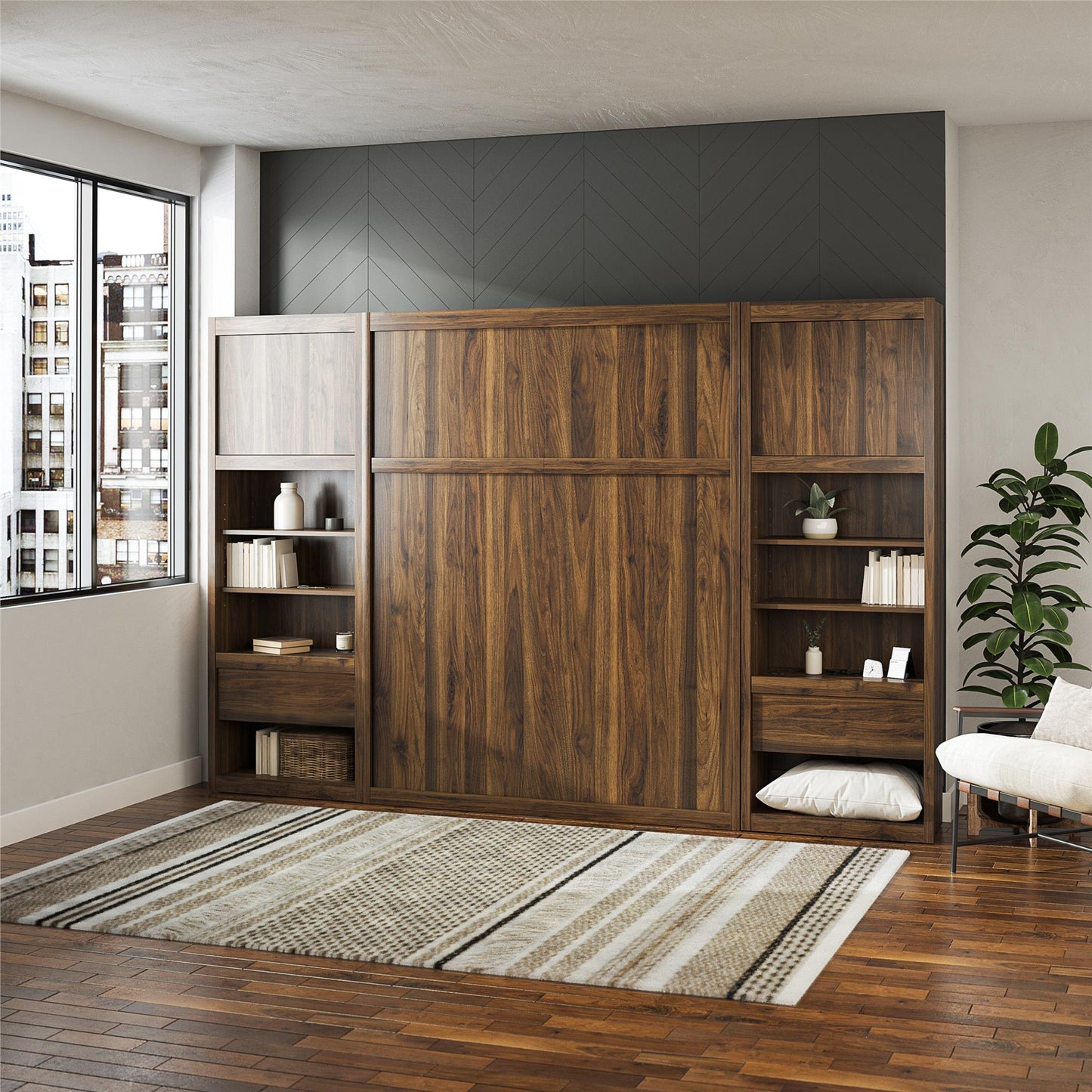 Paramount Single Side Cabinet for Wall Beds with Pullout Nightstand and Storage - Columbia Walnut