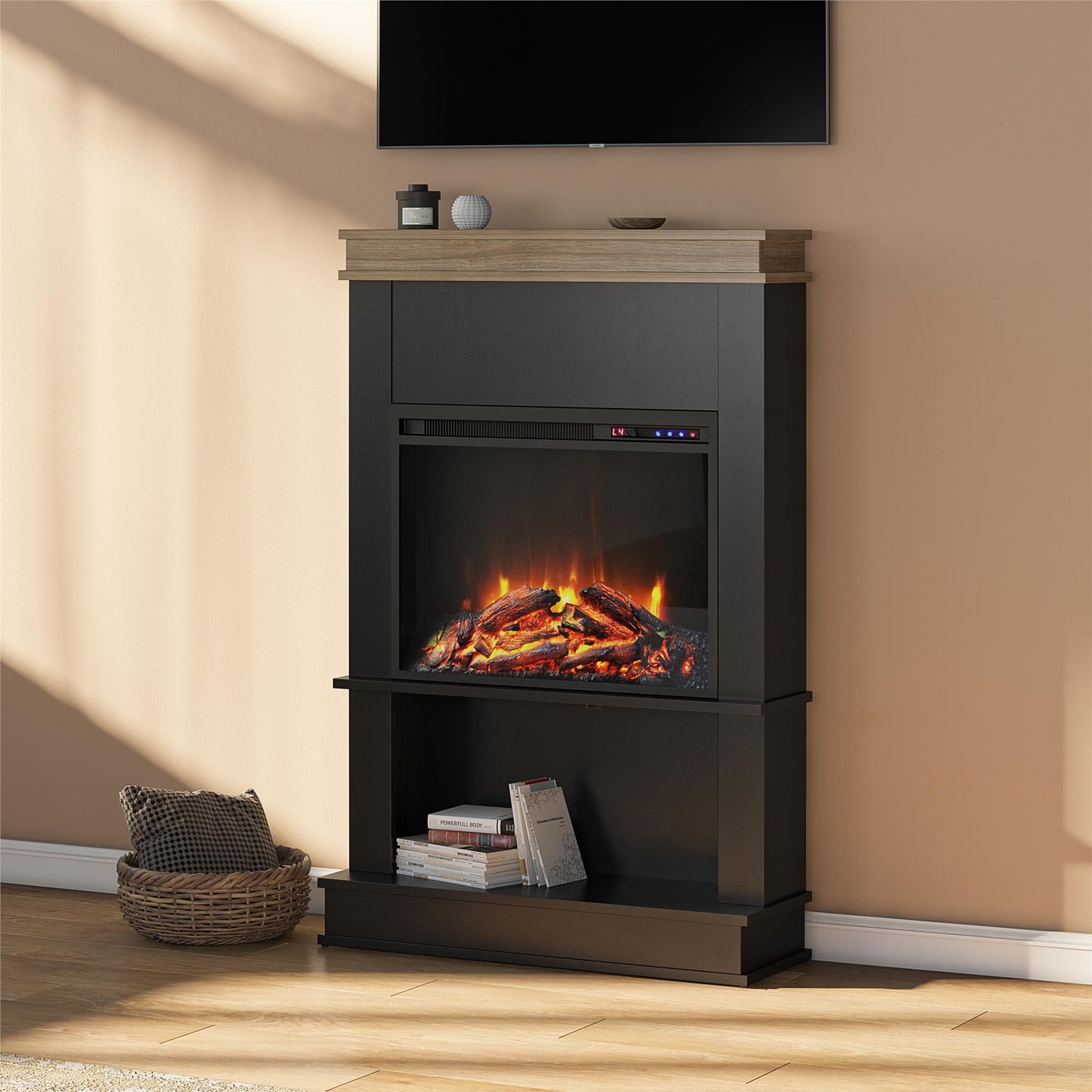 Mateo Fireplace Mantel with Open Shelf - Black