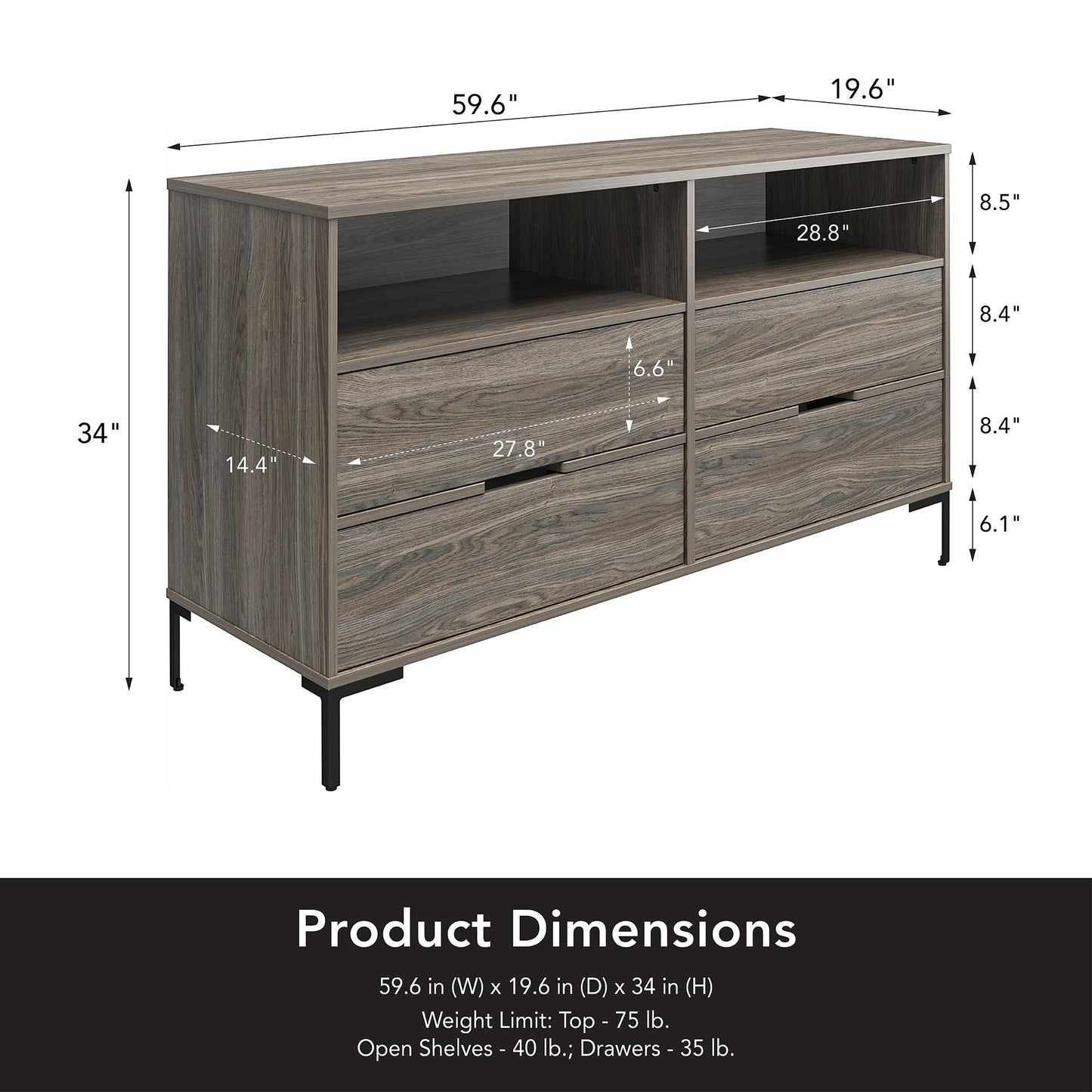 Ameriwood Home Leyden Wide 4 Drawer 2 Cubby Dresser, Weathered Oak - Weathered Oak