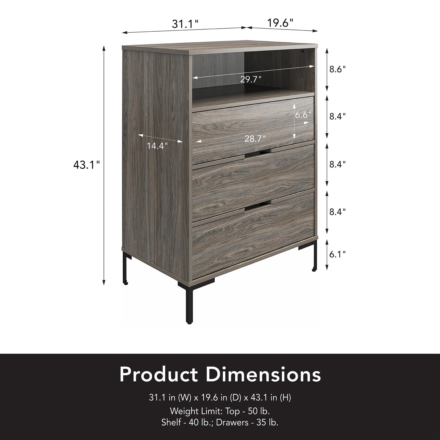 Ameriwood Home Tall 3 Drawer 1 Cubby Dresser, Weathered Oak - Weathered Oak