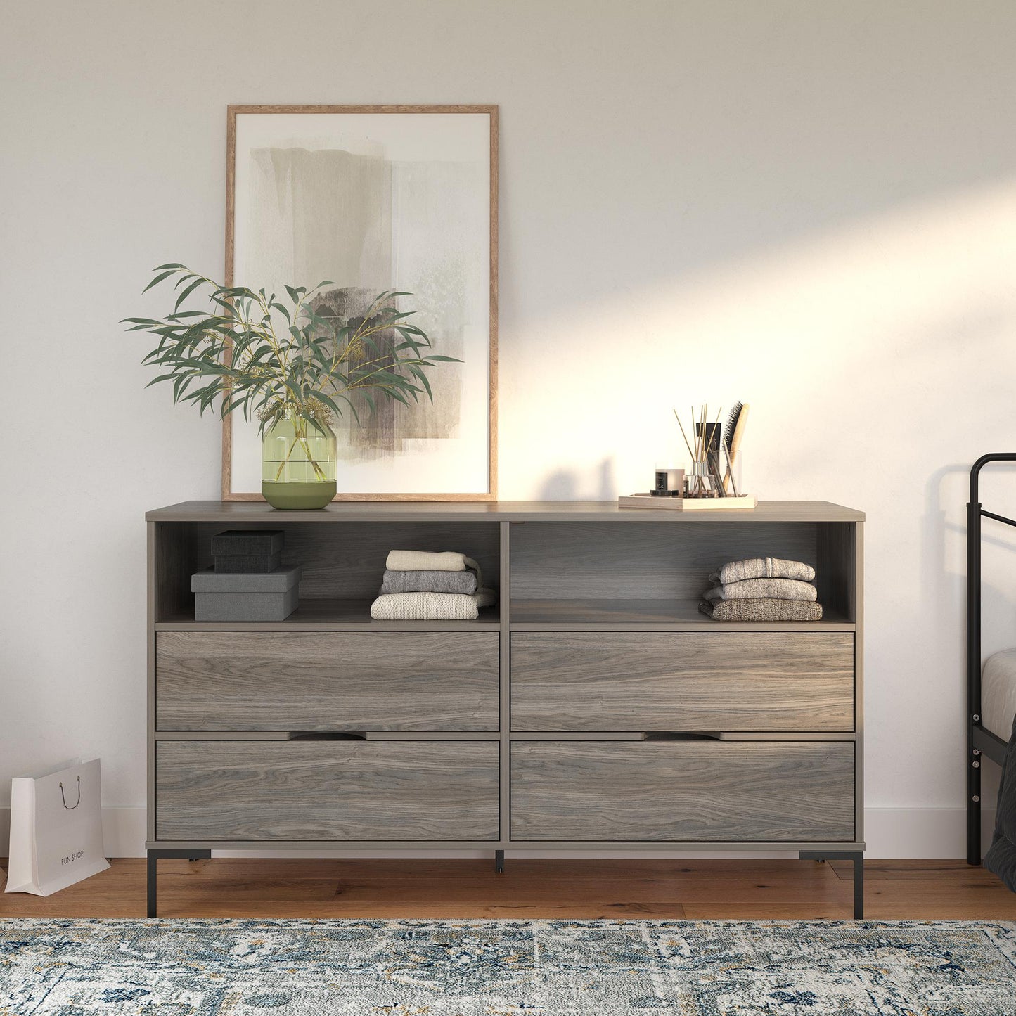 Ameriwood Home Leyden Wide 4 Drawer 2 Cubby Dresser, Weathered Oak - Weathered Oak