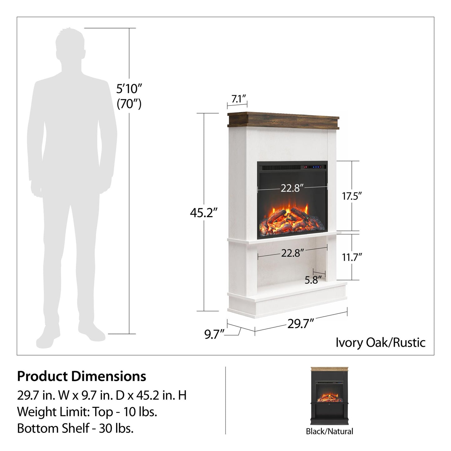 Mateo Fireplace Mantel with Open Shelf - Black