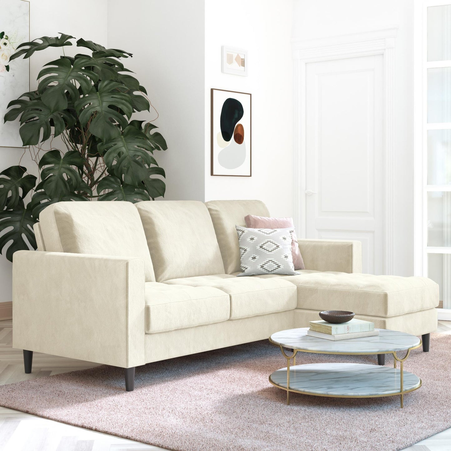 CosmoLiving Strummer Reversible Sectional Sofa Couch, Ivory Velvet - Ivory