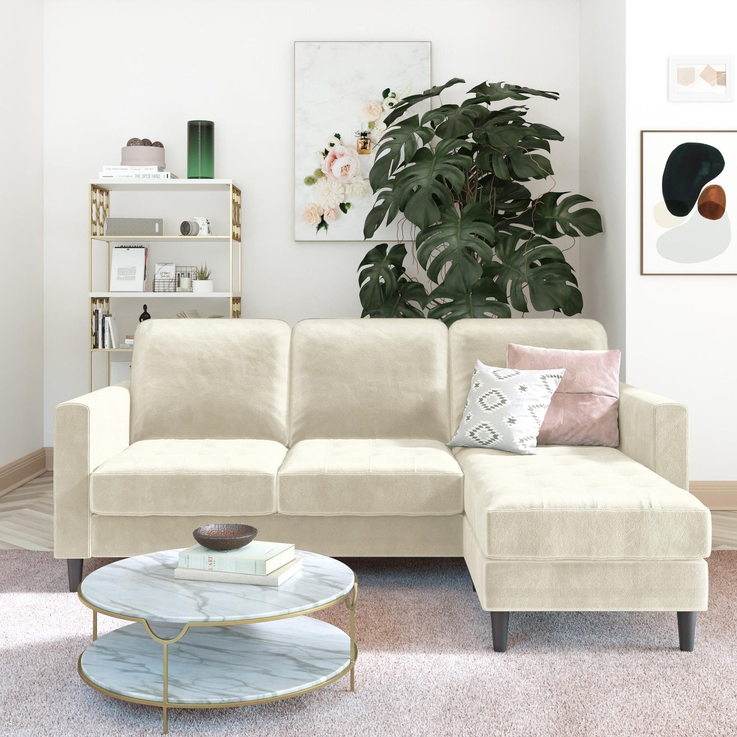 CosmoLiving Strummer Reversible Sectional Sofa Couch, Ivory Velvet - Ivory