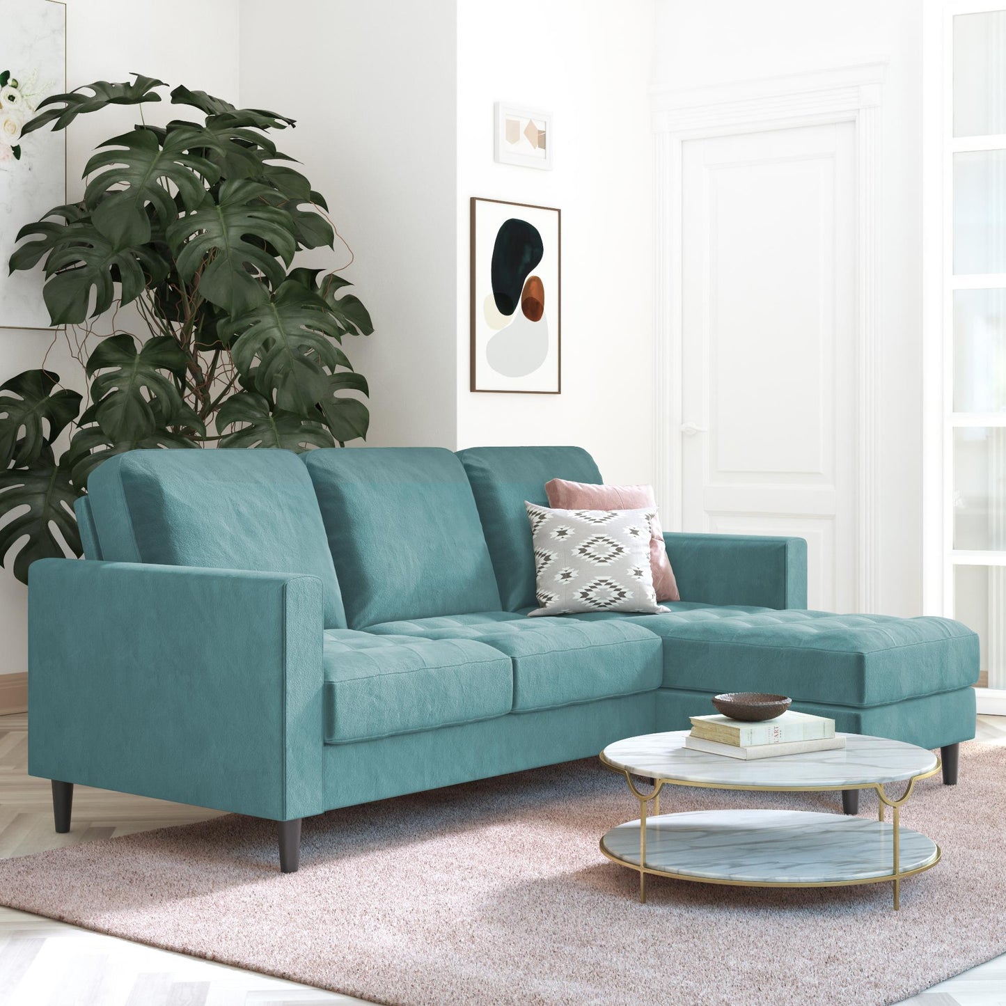 CosmoLiving Strummer Reversible Sectional Sofa Couch, Light Green Velvet - Light Green