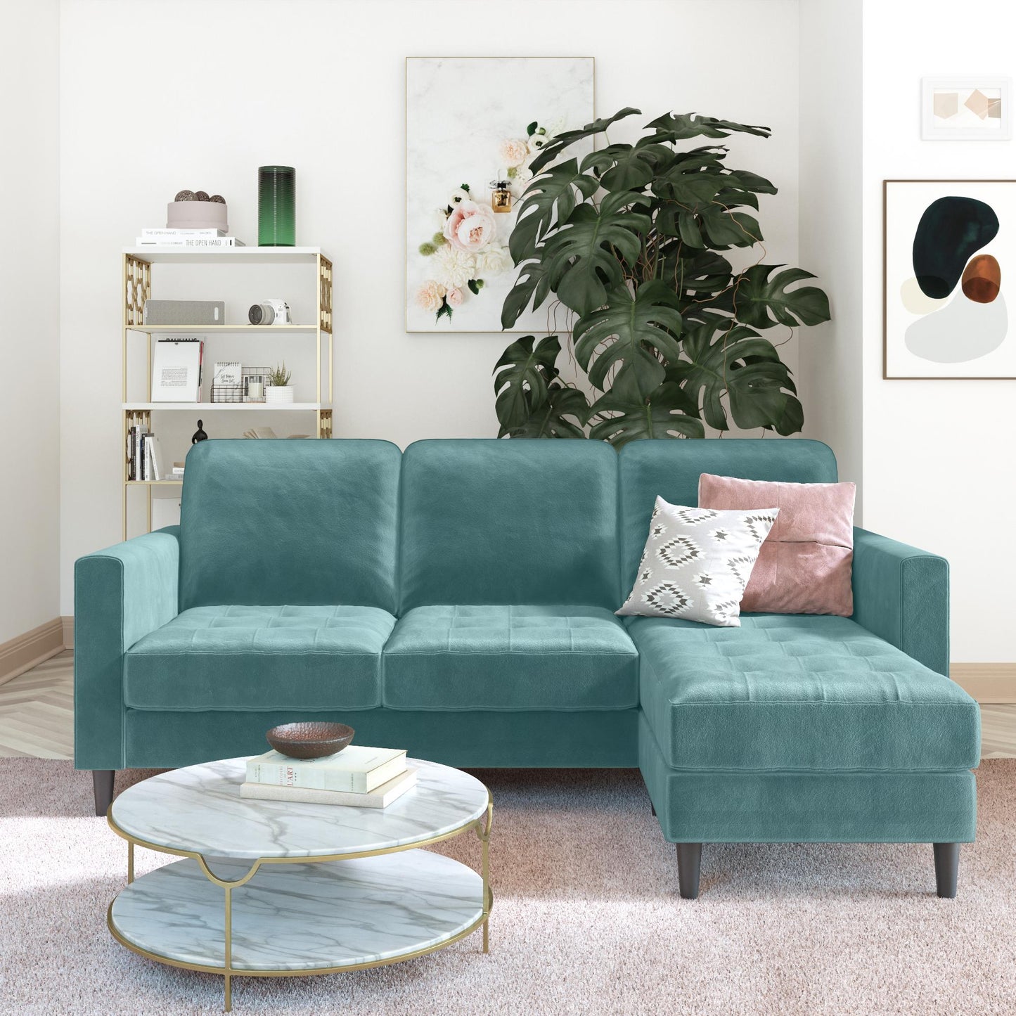 CosmoLiving Strummer Reversible Sectional Sofa Couch, Light Green Velvet - Light Green