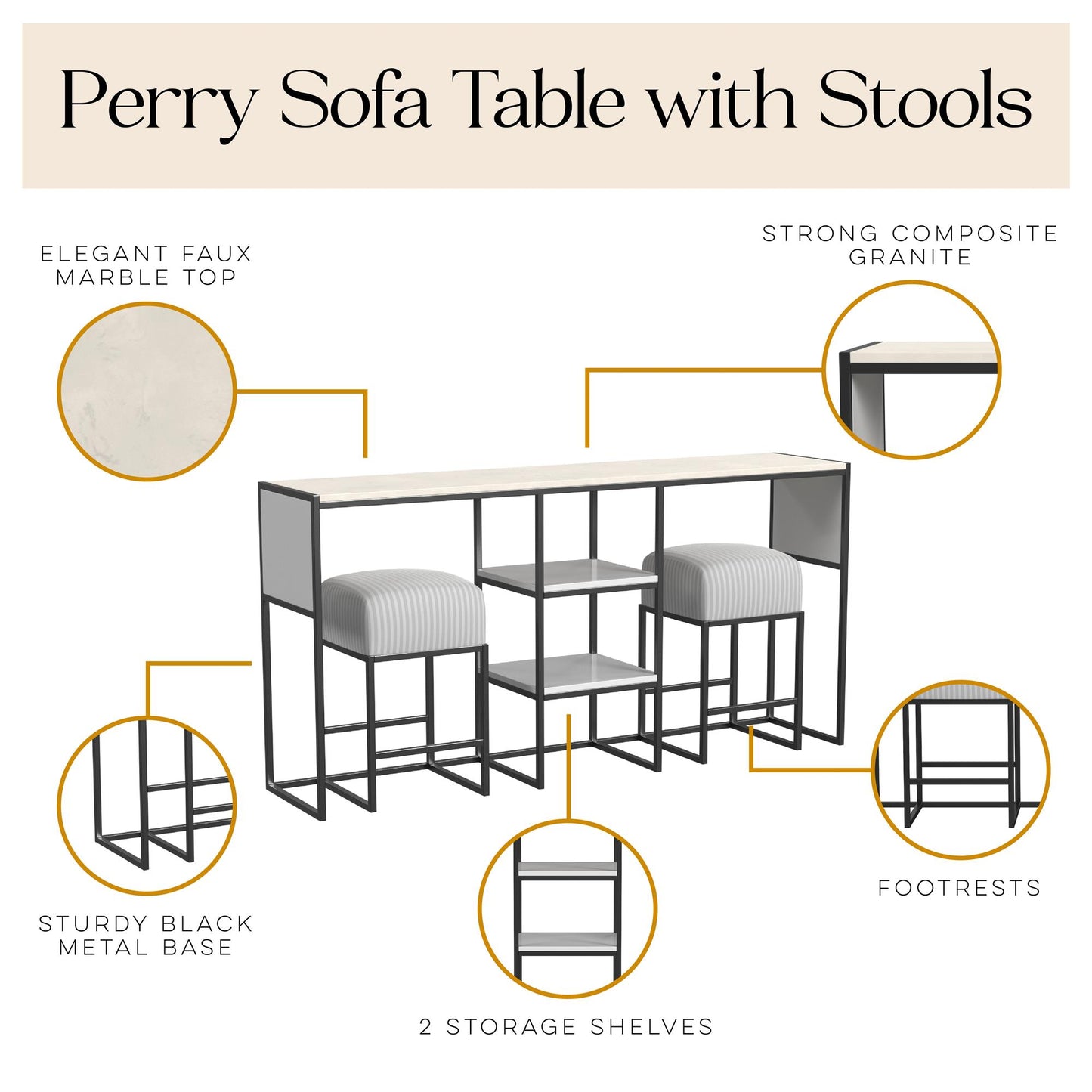 Perry Sofa Table with Stools - White