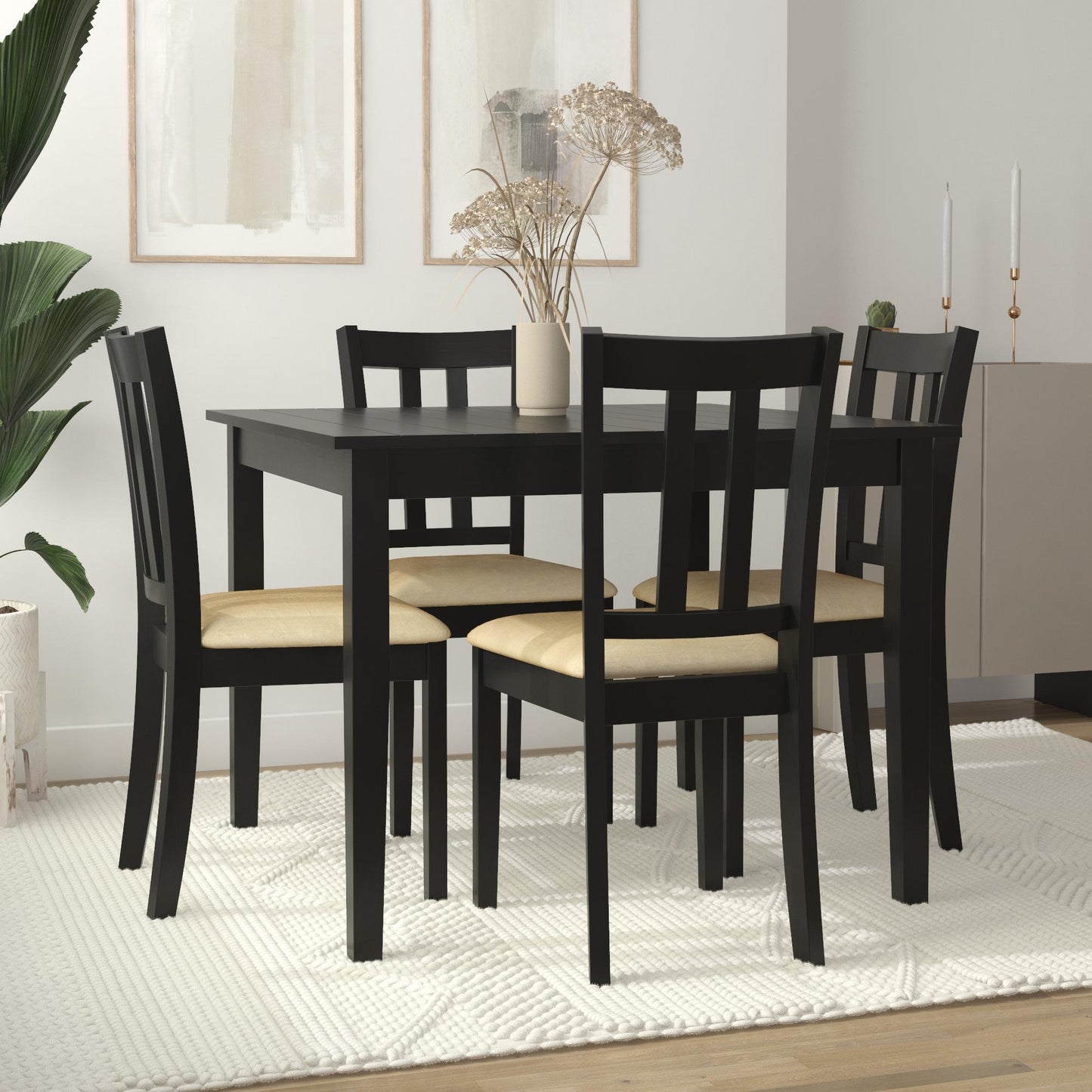 Redmond 5 Piece Traditional Dining Set with Table and 4 Chairs - Black / Beige
