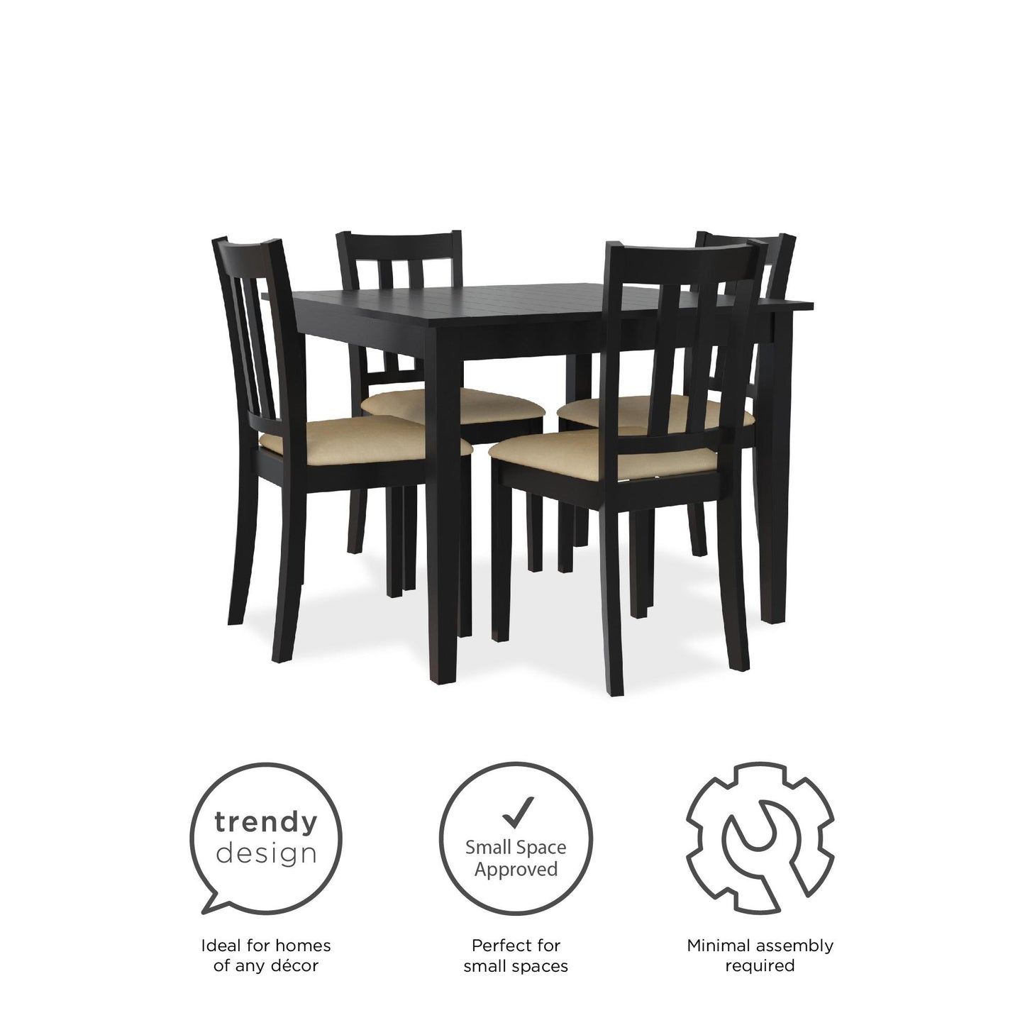 Redmond 5 Piece Traditional Dining Set with Table and 4 Chairs - Black / Beige