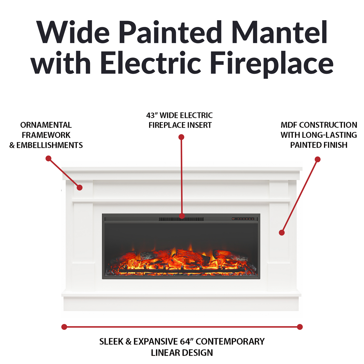 Elmcroft Wide Mantel with 43" Linear Fireplace Insert - White