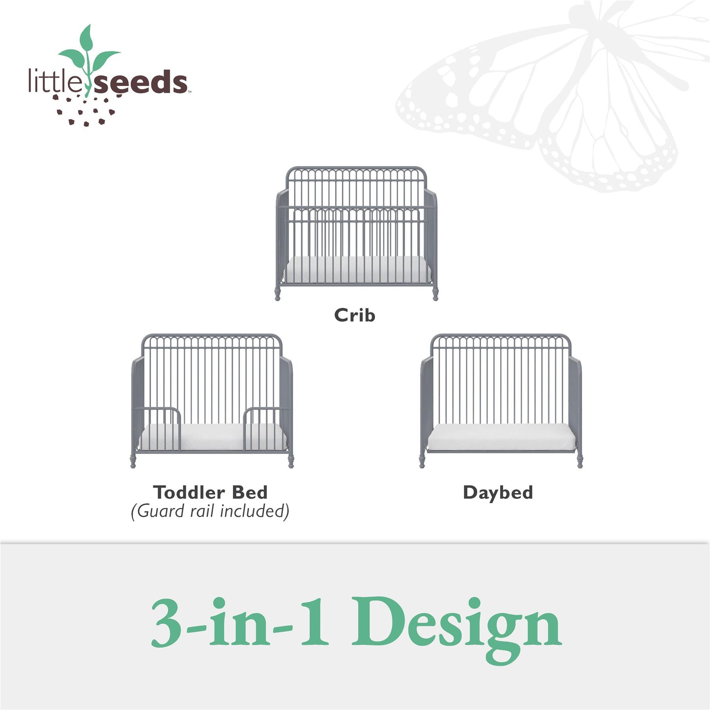 Ivy 3 in 1 Convertible Metal Crib - Dove Gray