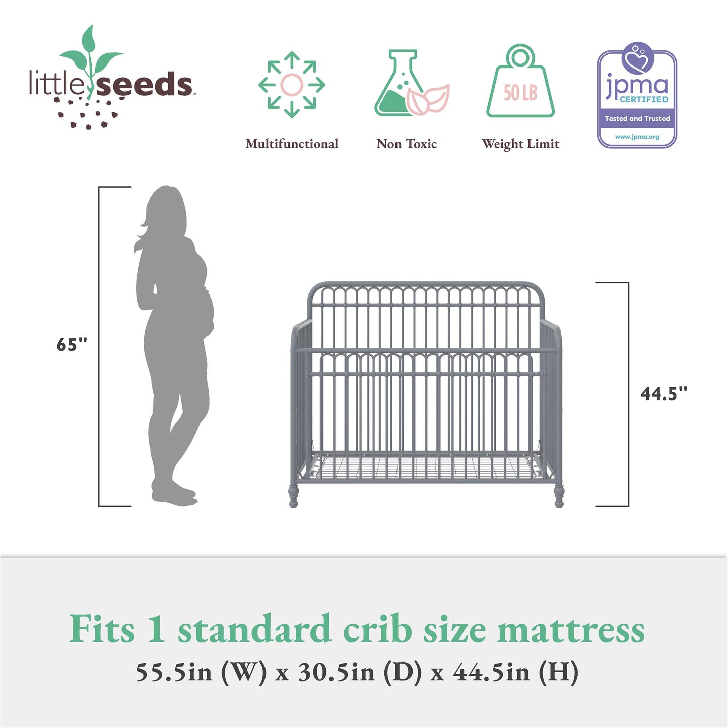 Ivy 3 in 1 Convertible Metal Crib - Dove Gray