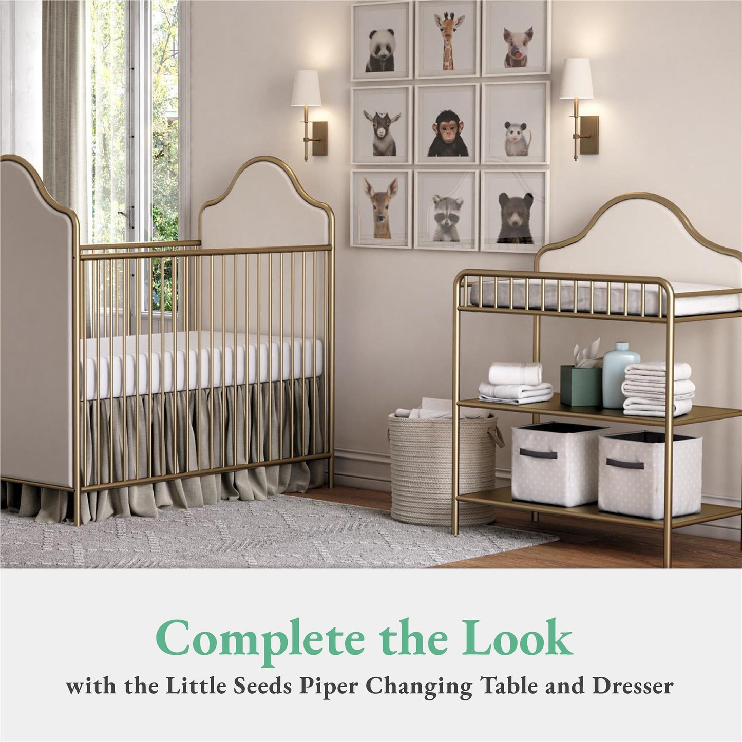 Piper Convertible Metal Crib with Upholstered Side Panels - Gold