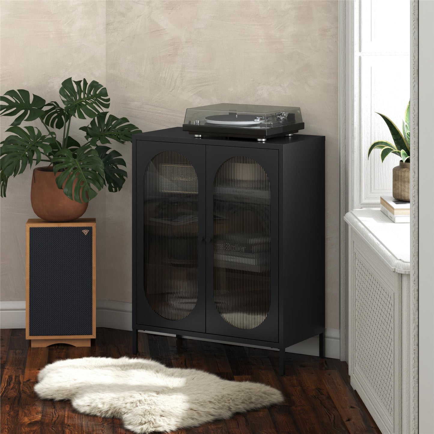Luna Short 2 Door Accent Cabinet with Fluted Glass - Black