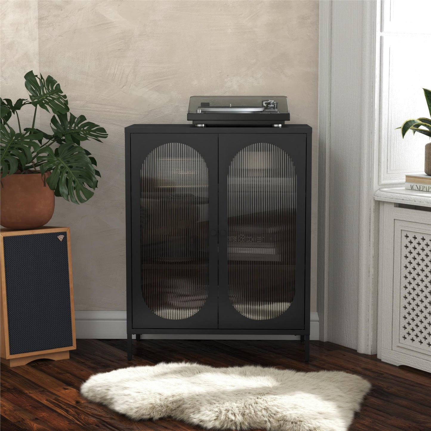Luna Short 2 Door Accent Cabinet with Fluted Glass - Black