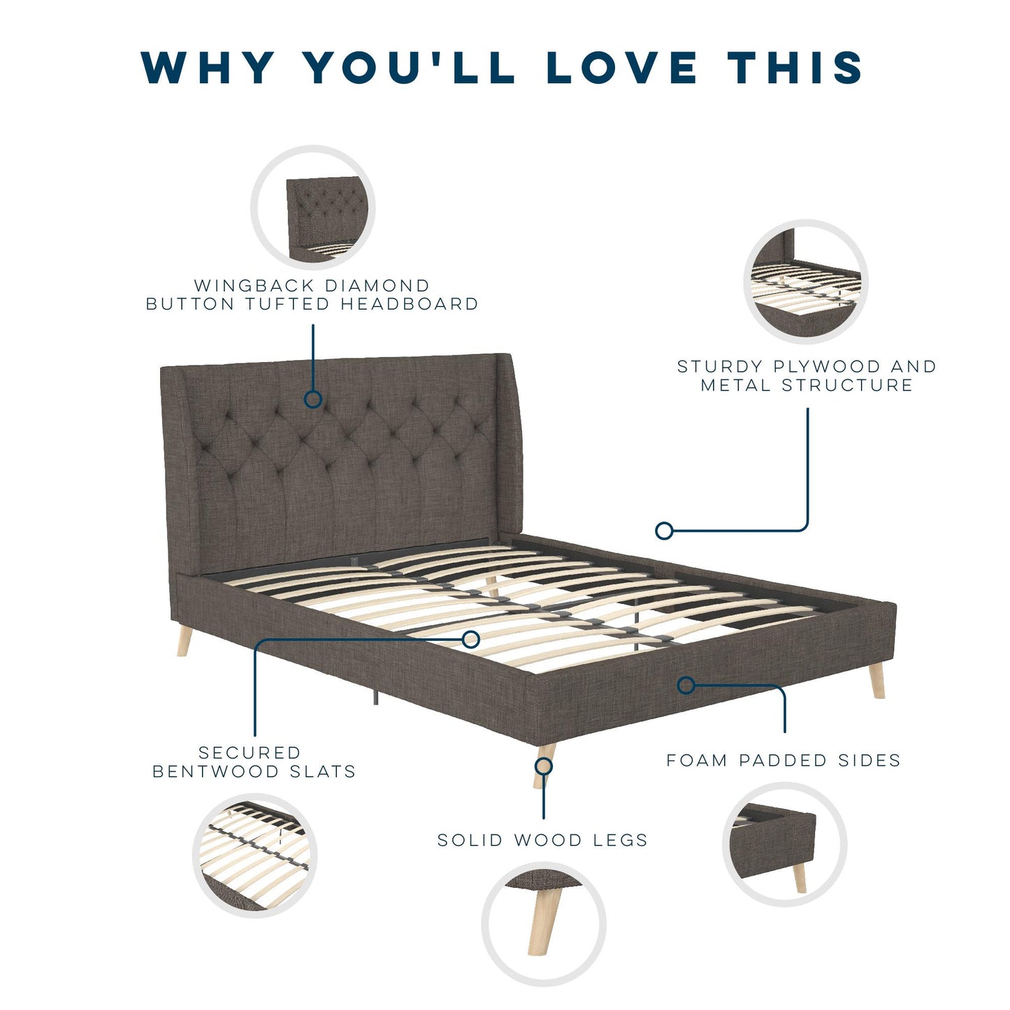 Her Majesty Bed - Grey Linen - Full