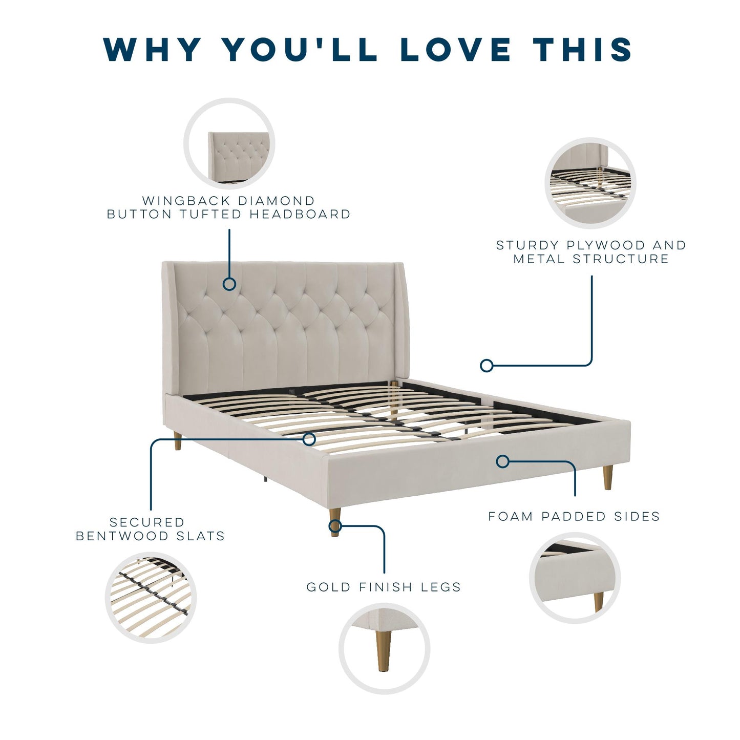 Novogratz Her Majesty Upholstered Bed, Queen, Ivory Velvet - Ivory - Queen