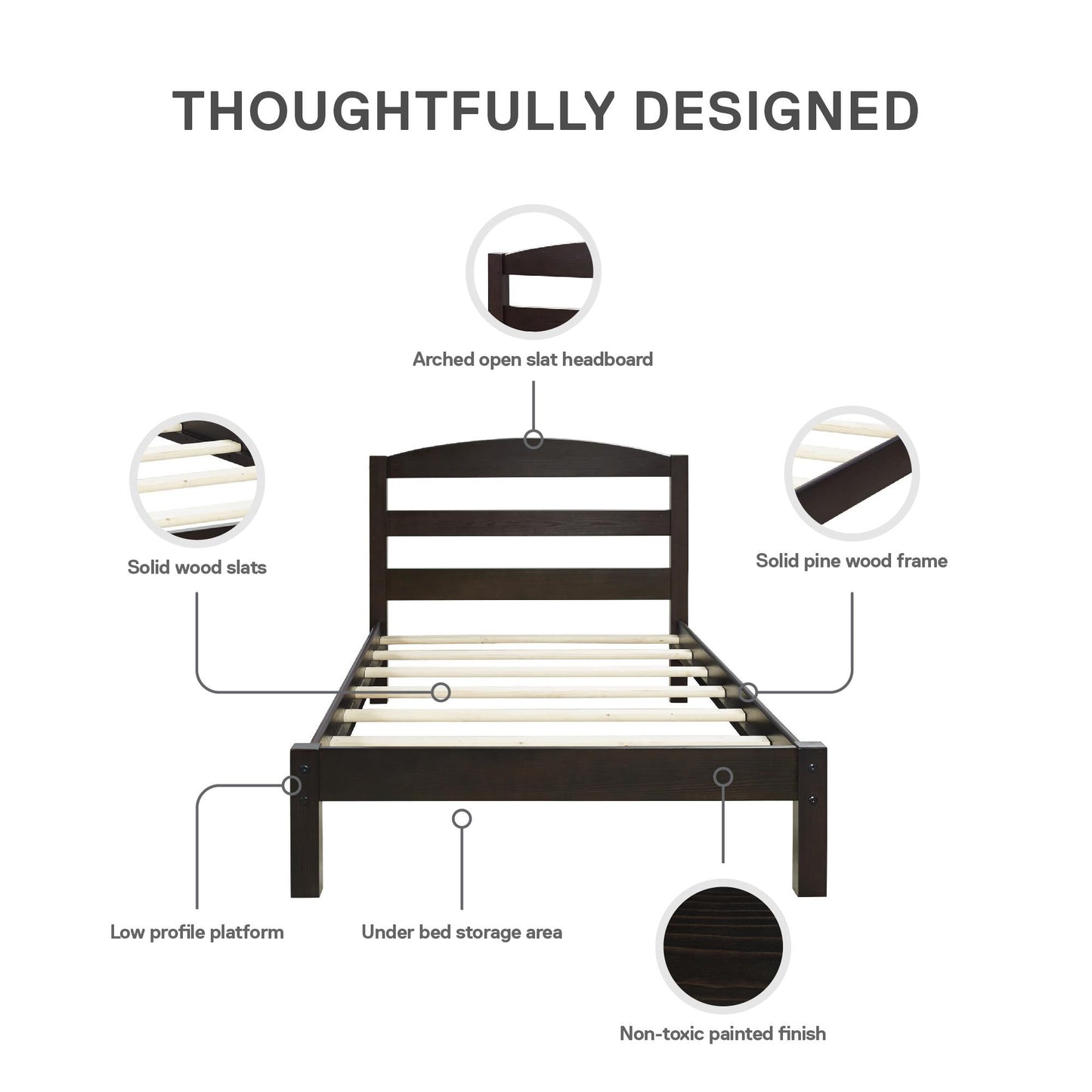 Braylon Twin Sized Wooden Bed Frame with Wood Slats - Espresso