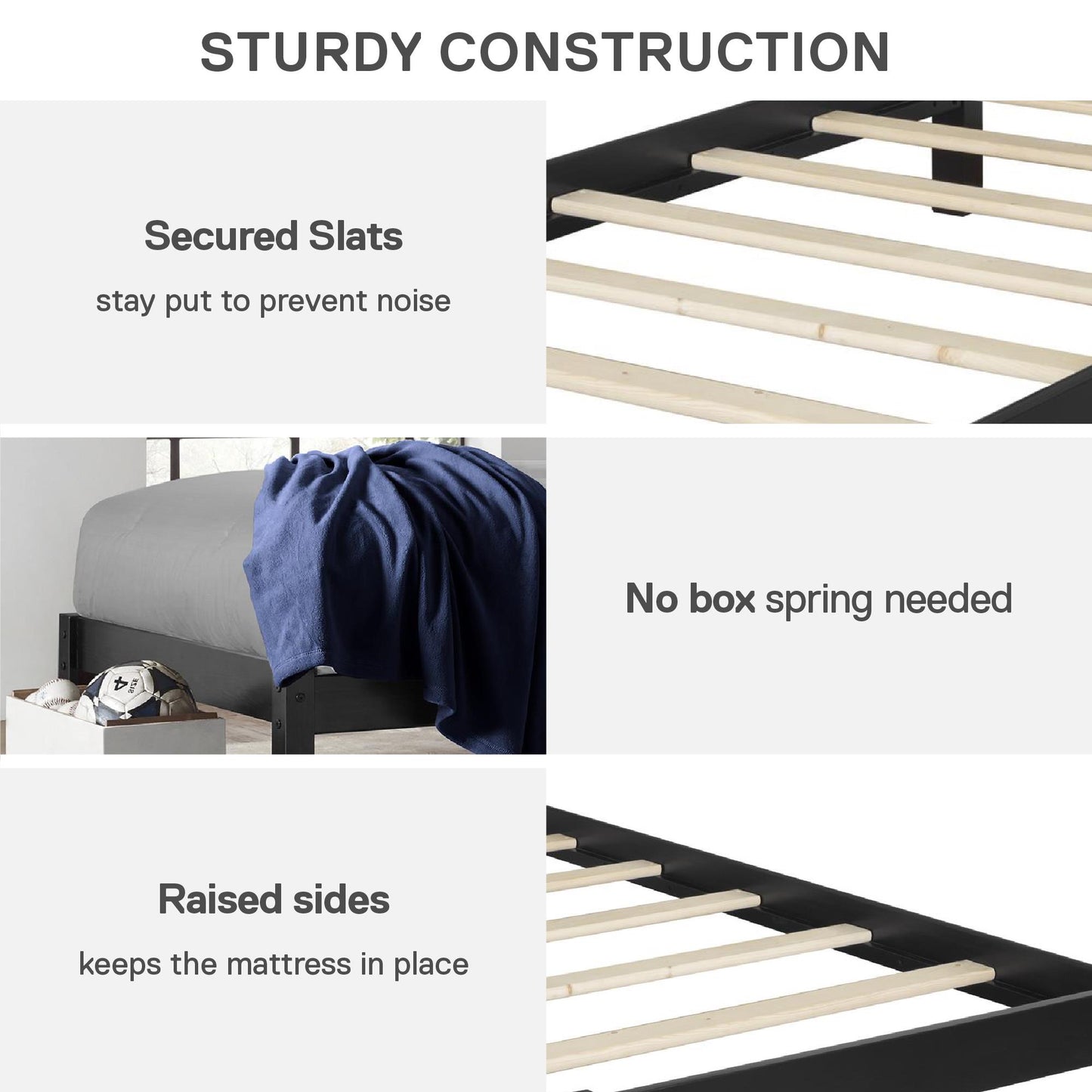 Braylon Twin Sized Wooden Bed Frame with Wood Slats - Black