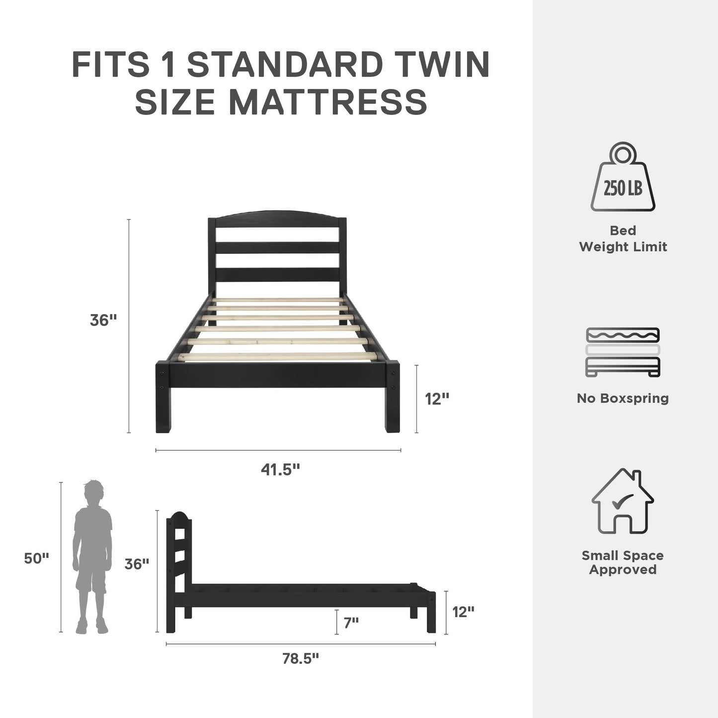 Braylon Twin Sized Wooden Bed Frame with Wood Slats - Black