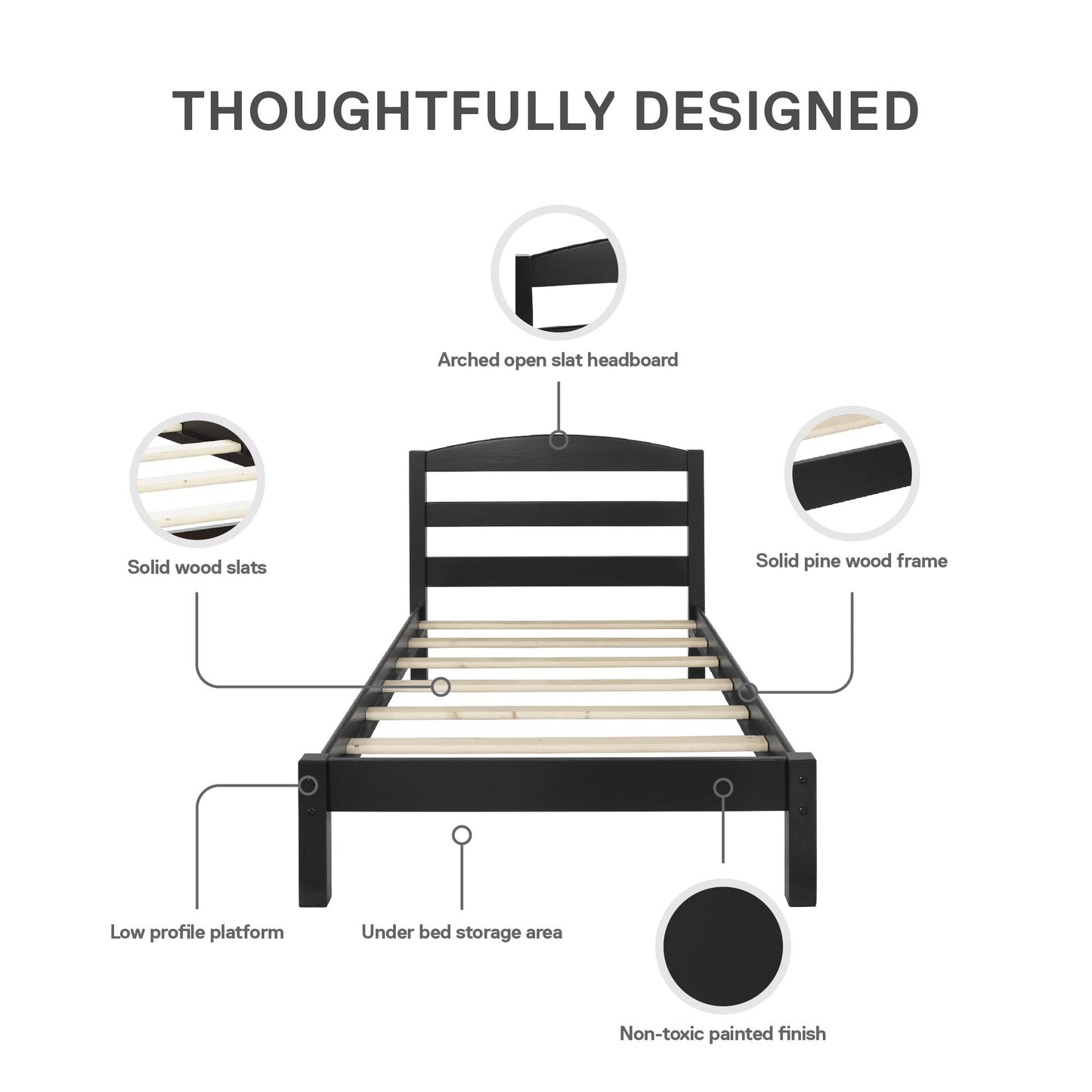 Braylon Twin Sized Wooden Bed Frame with Wood Slats - Black