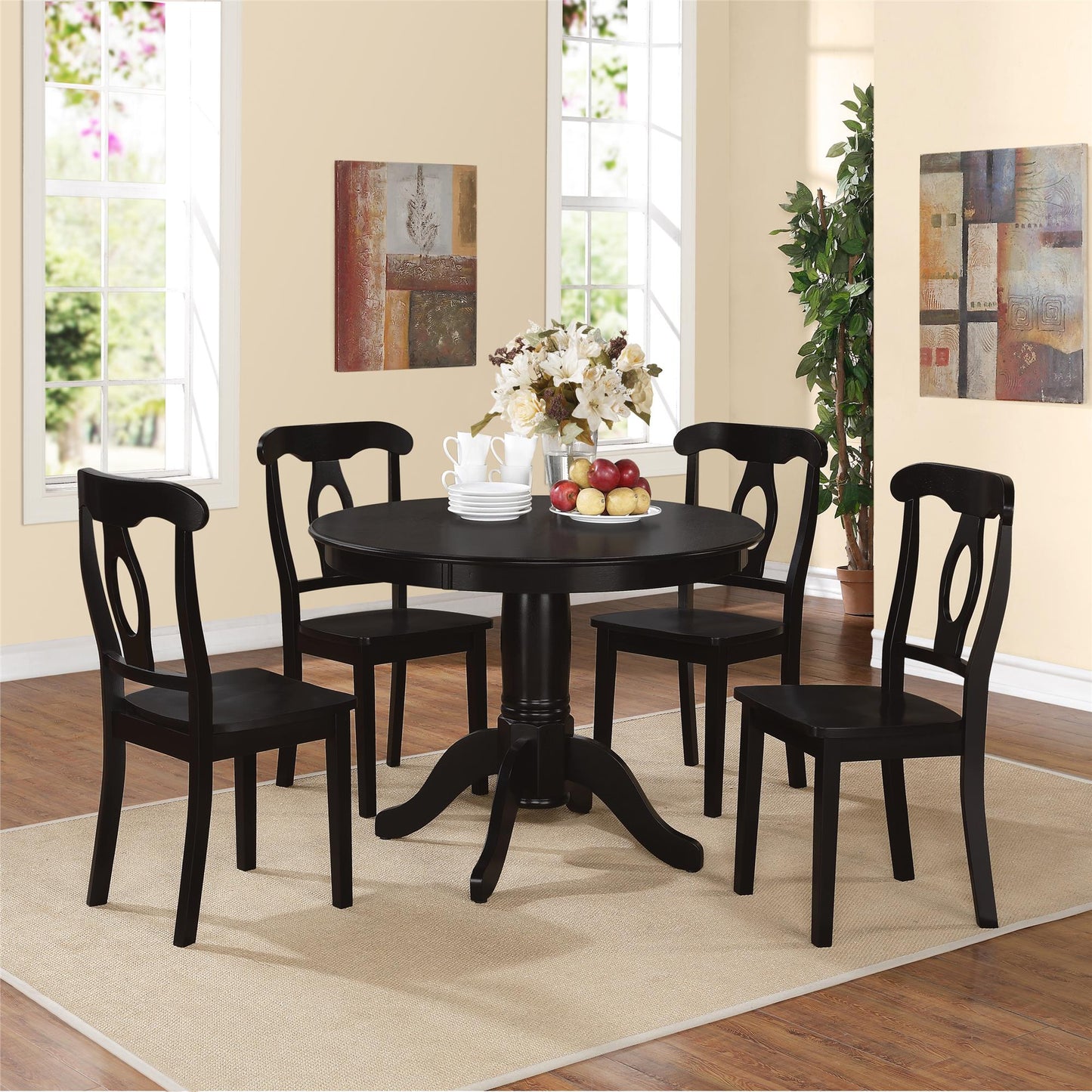 Aubrey 5 Piece Traditional Pedestal Round Dining Table and Chairs Set - Black