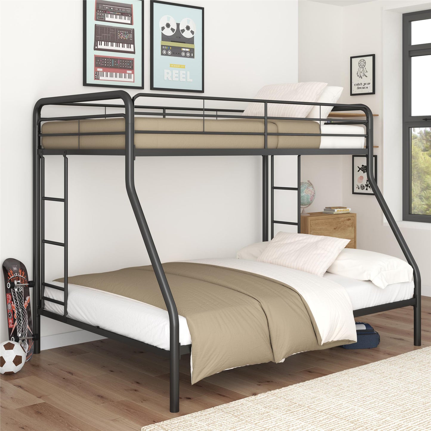 Dusty Twin over Full Metal Bunk Bed with Integrated Ladder - Black - Twin-Over-Full