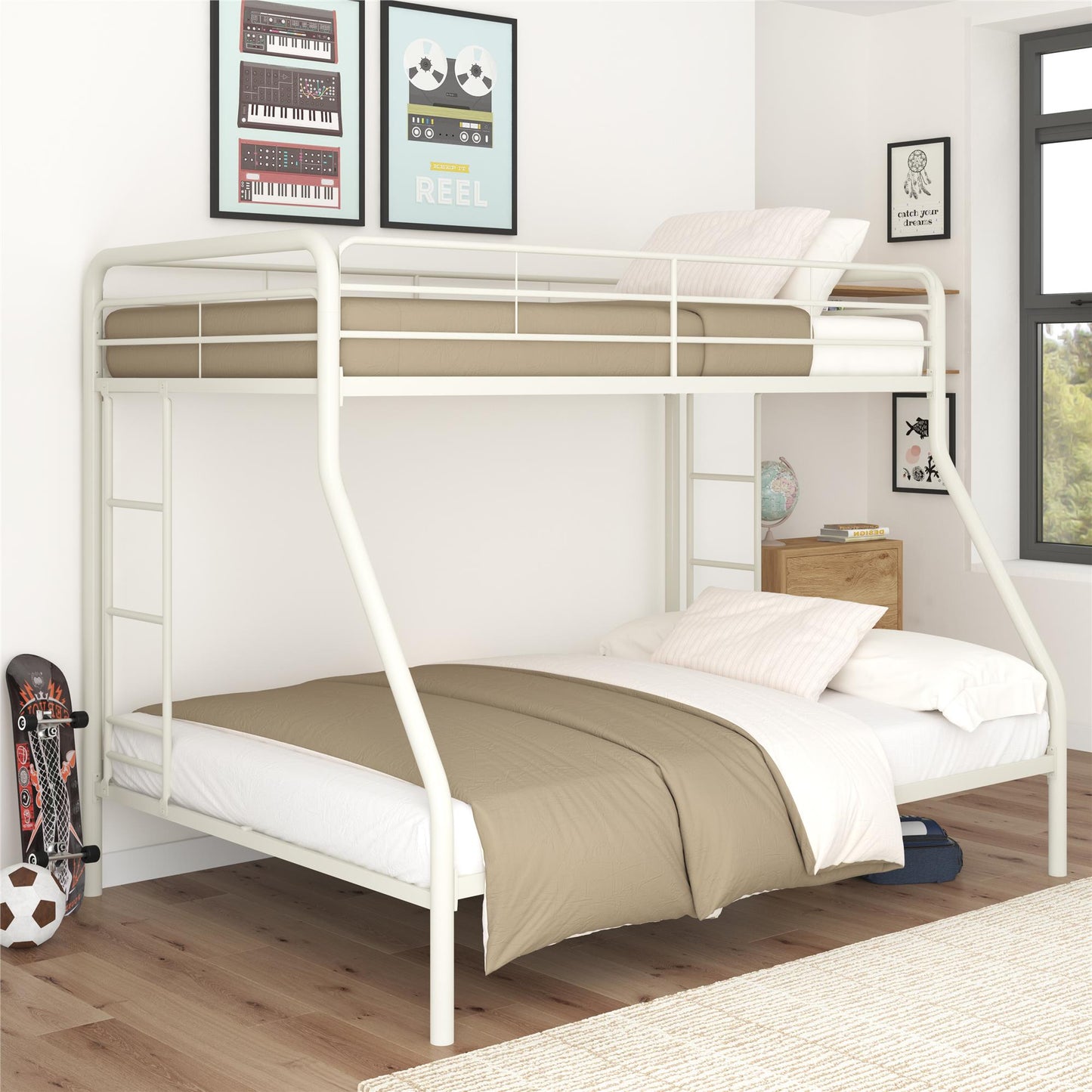 Dusty Twin over Full Metal Bunk Bed with Integrated Ladder - White - Twin-Over-Full