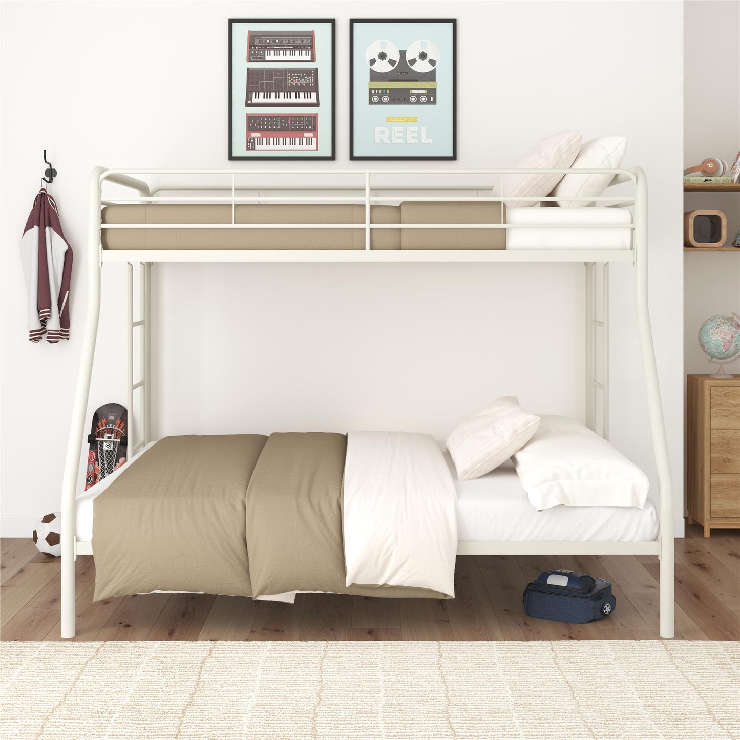 Dusty Twin over Full Metal Bunk Bed with Integrated Ladder - White - Twin-Over-Full
