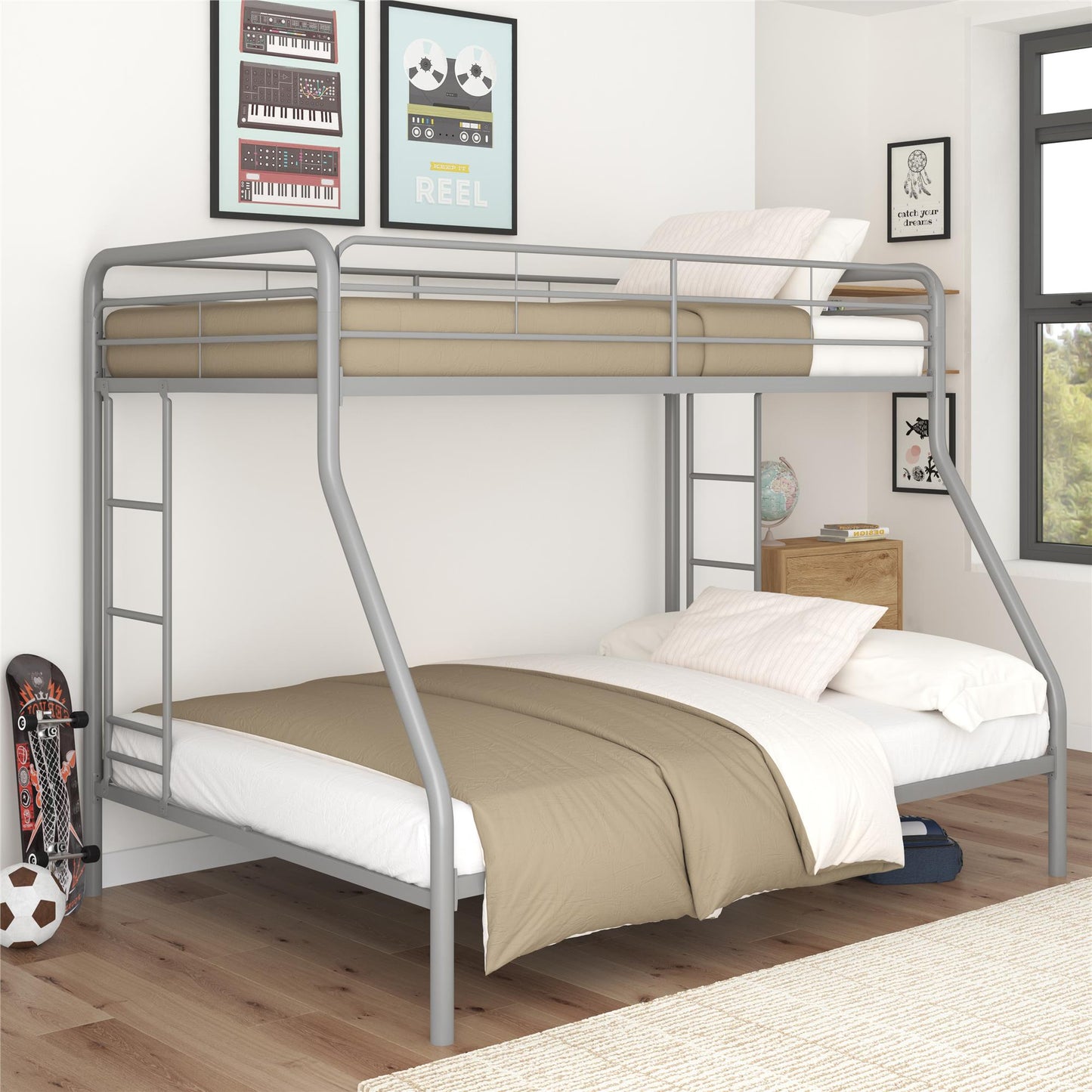 Dusty Twin over Full Metal Bunk Bed with Integrated Ladder - Silver - Twin-Over-Full