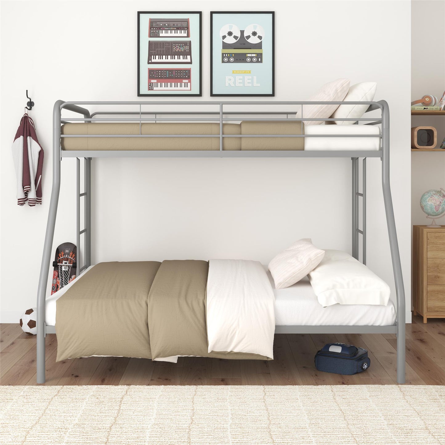 Dusty Twin over Full Metal Bunk Bed with Integrated Ladder - Silver - Twin-Over-Full