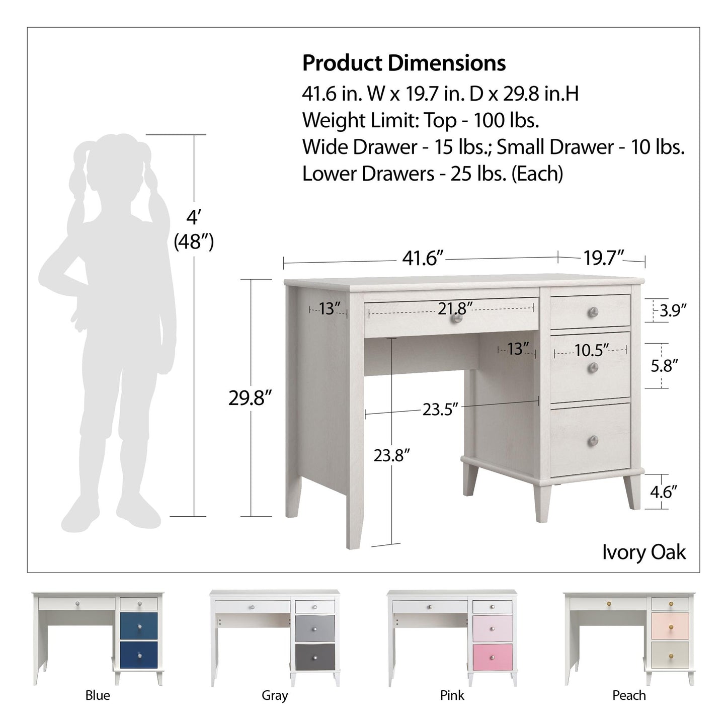 Monarch Hill Poppy Kids’ White Desk, Grey Drawers - Gray