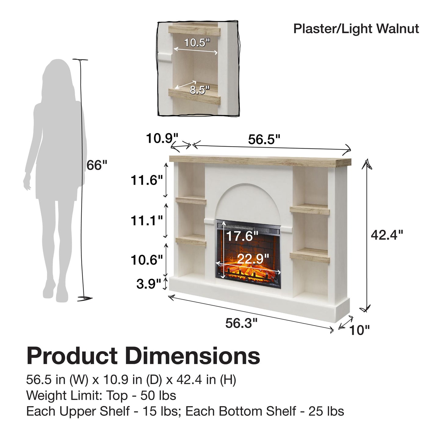 Winston Fireplace Mantel with Built-in Bookshelves - Plaster