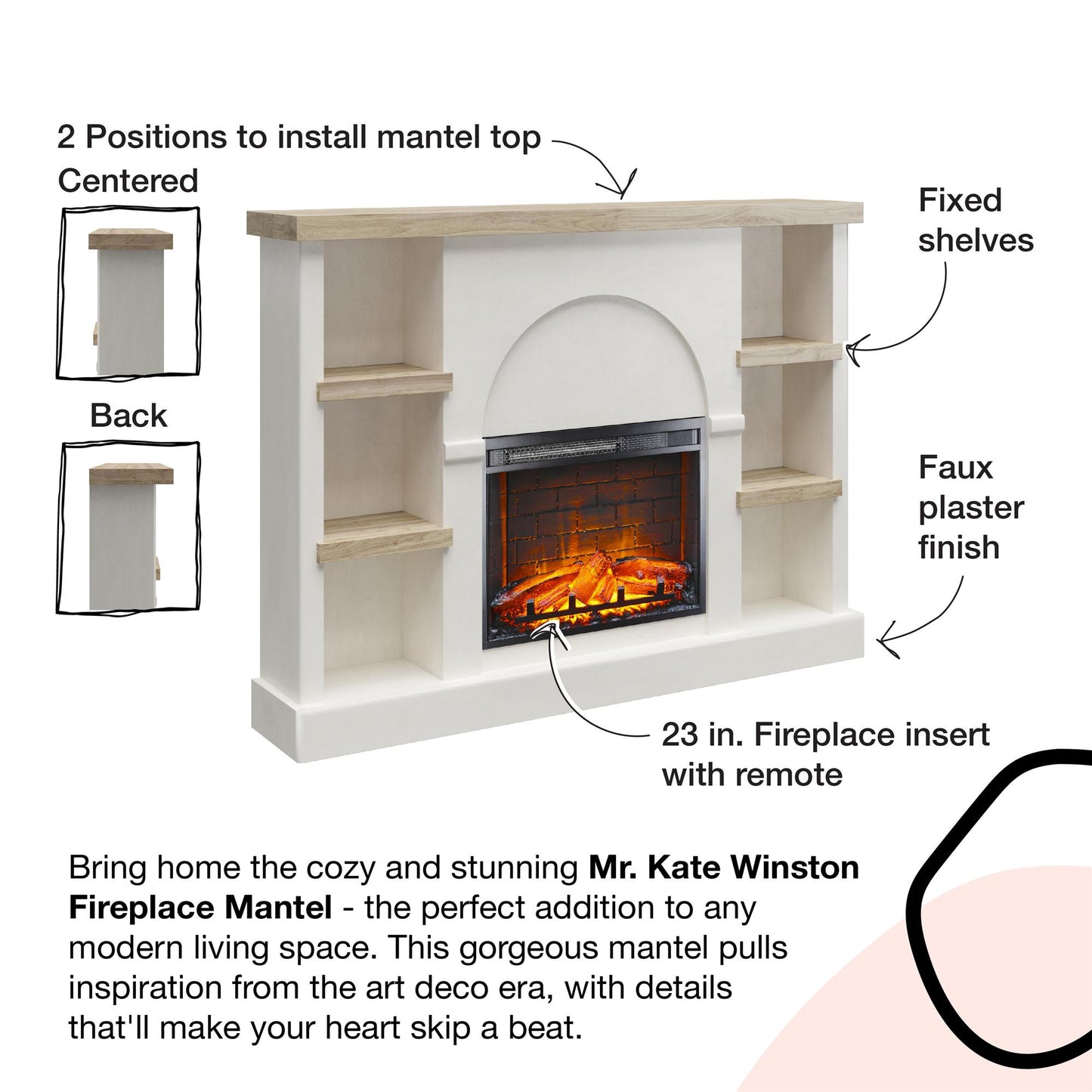 Winston Fireplace Mantel with Built-in Bookshelves - Plaster