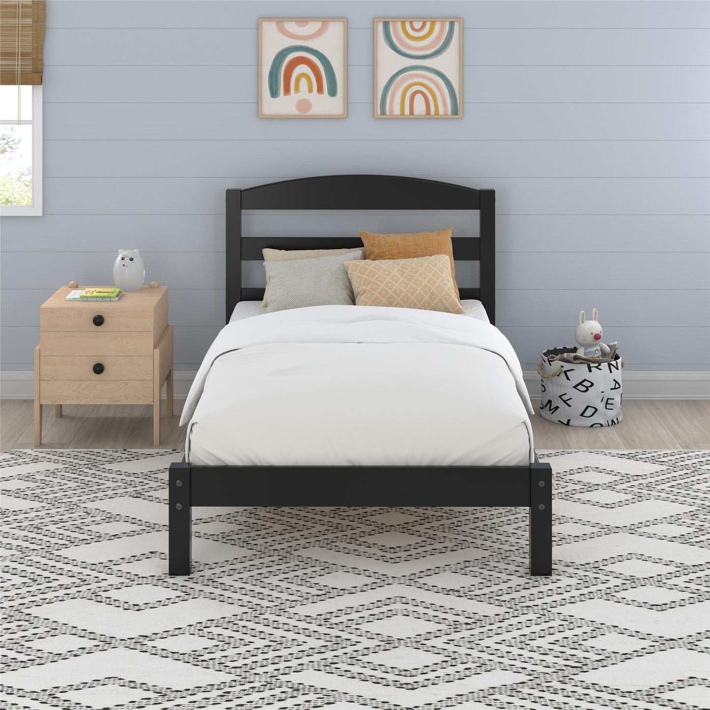 Braylon Twin Sized Wooden Bed Frame with Wood Slats - Black