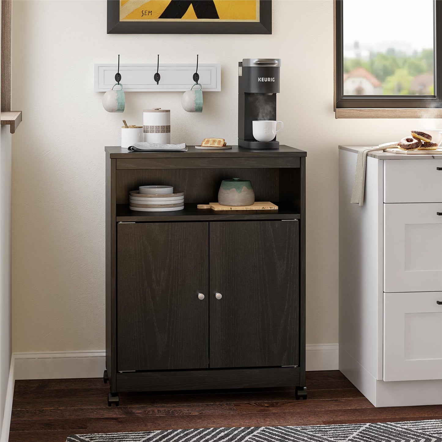 Landry 2 Door Utility Microwave Cart with Shelves - Black Oak