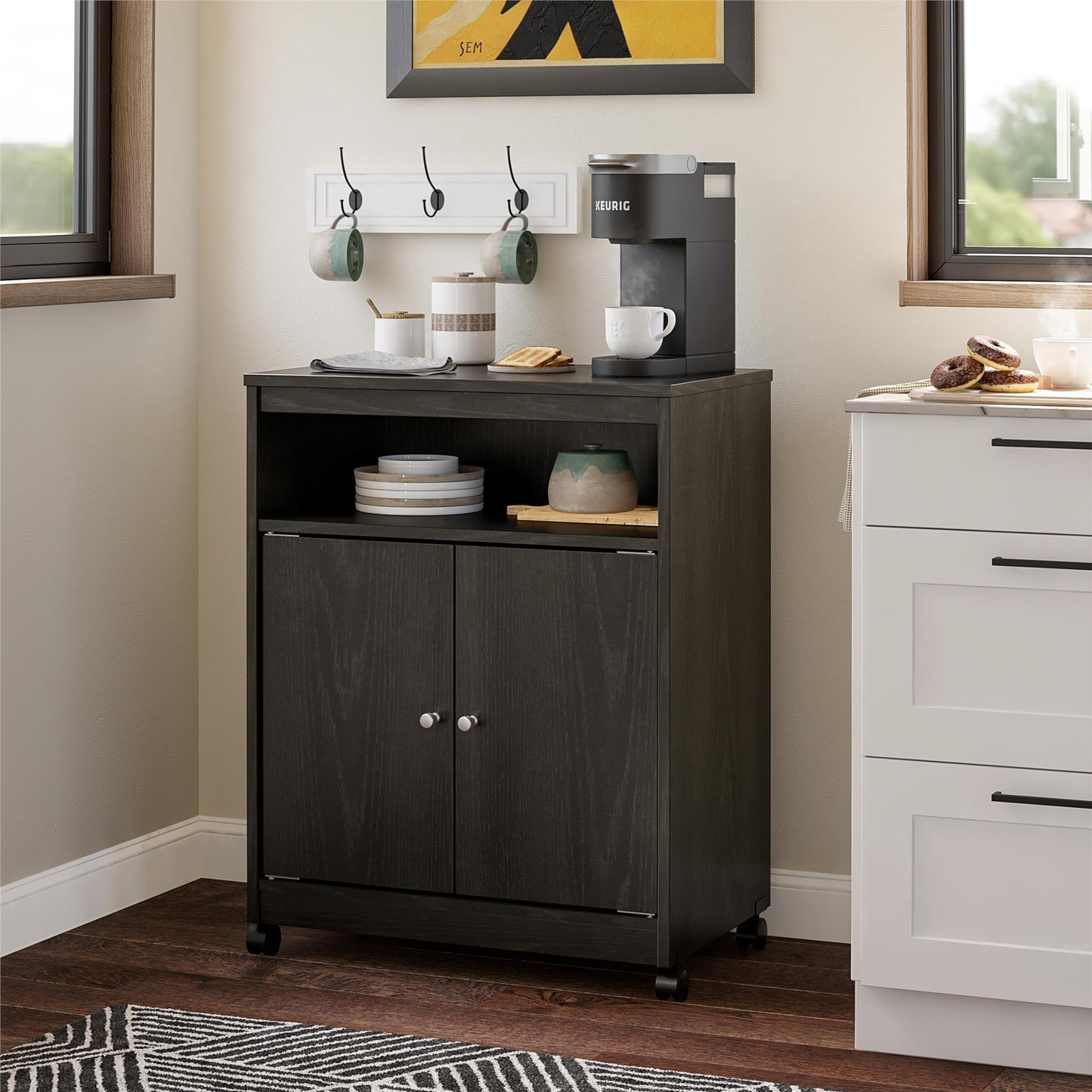 Landry 2 Door Utility Microwave Cart with Shelves - Black Oak