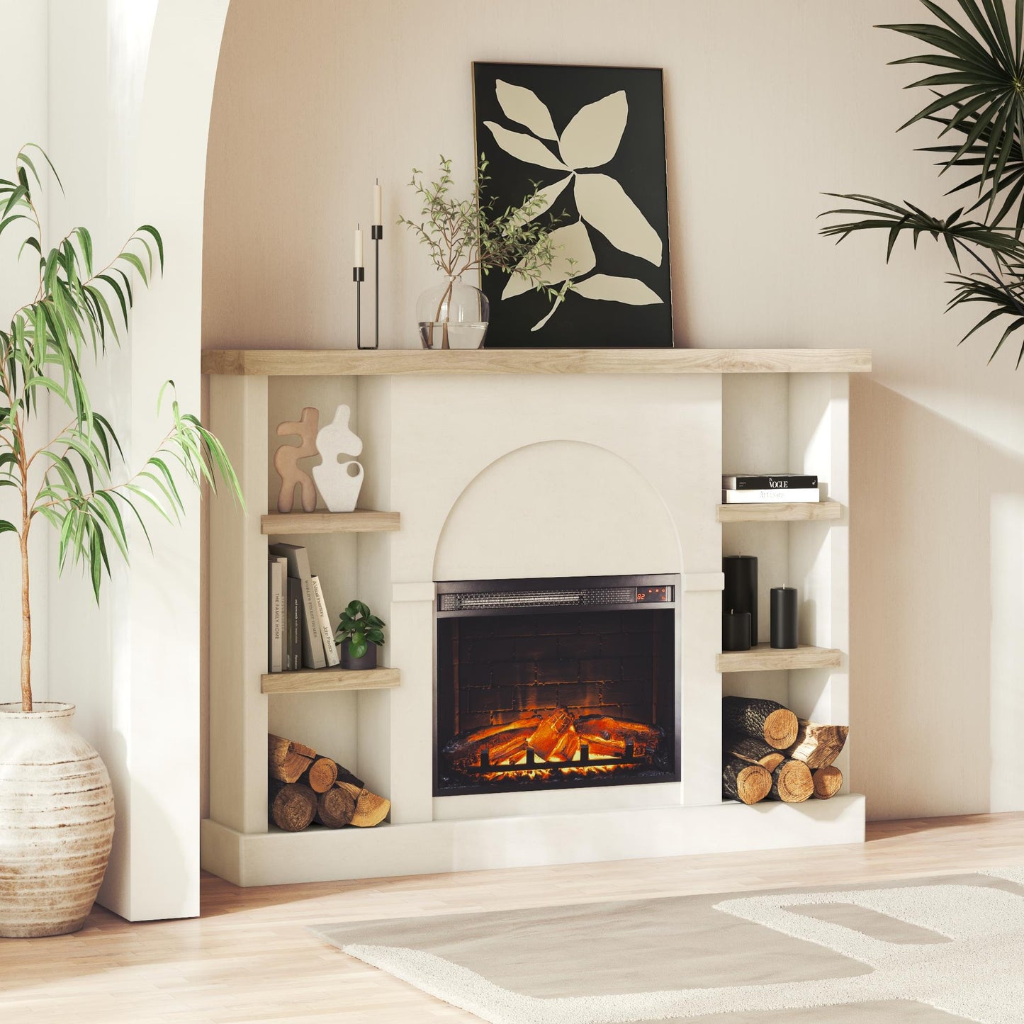 Winston Fireplace Mantel with Built-in Bookshelves - Plaster
