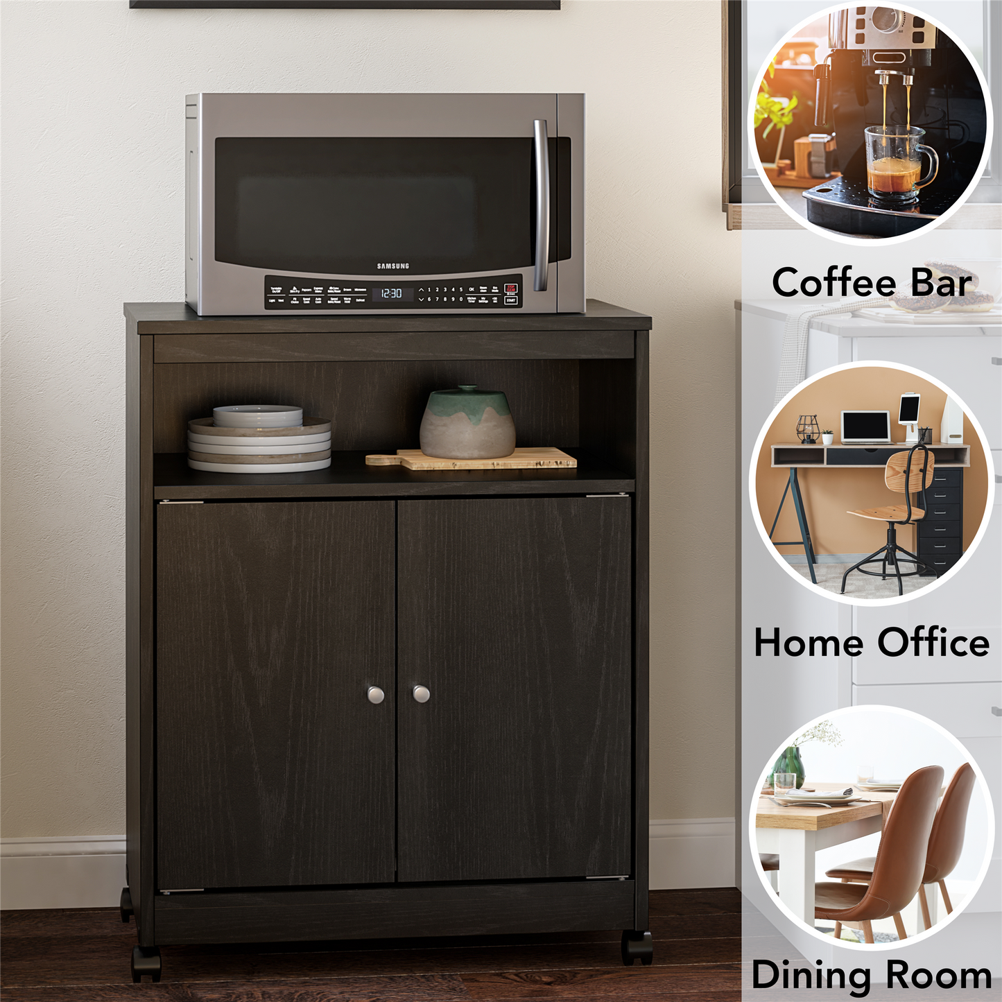 Landry 2 Door Utility Microwave Cart with Shelves - Black Oak