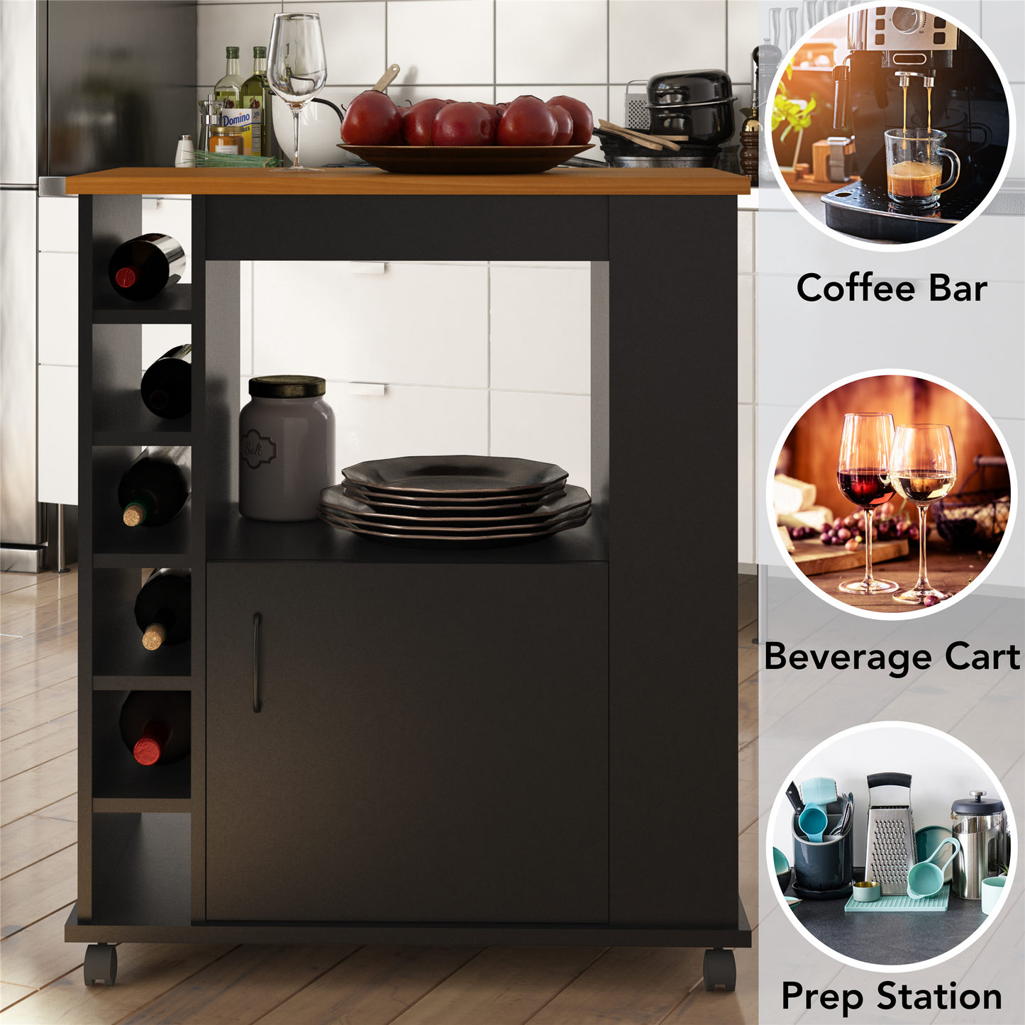 Williams Mobile Kitchen Cart with Wine Bottle Storage - Black
