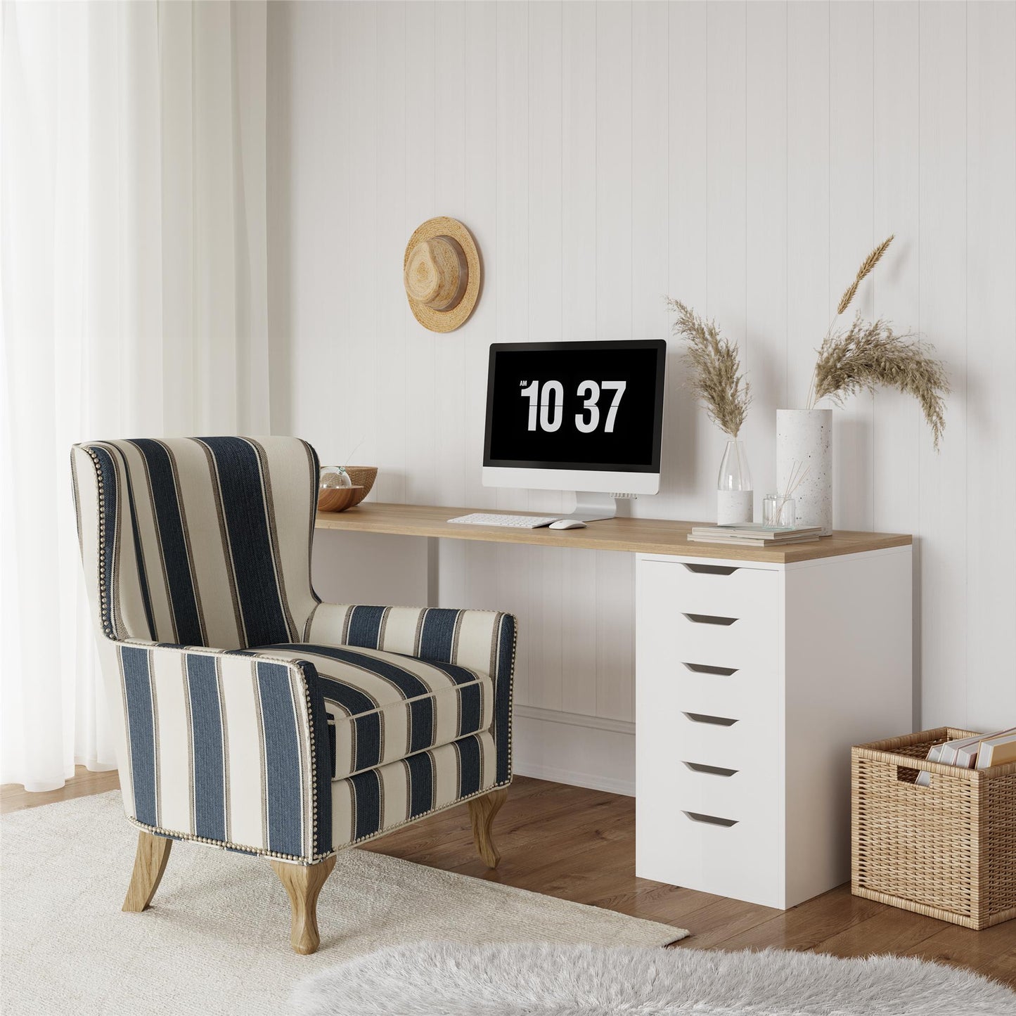 Reva Upholstered Club Accent Chair with Nail Head Trim - Blue Stripe