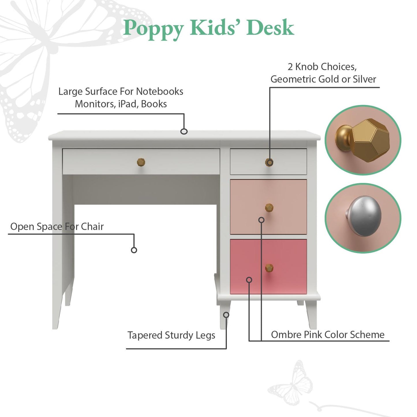 Monarch Hill Poppy Kids’ Desk with 2 Sets of Knobs - Pink
