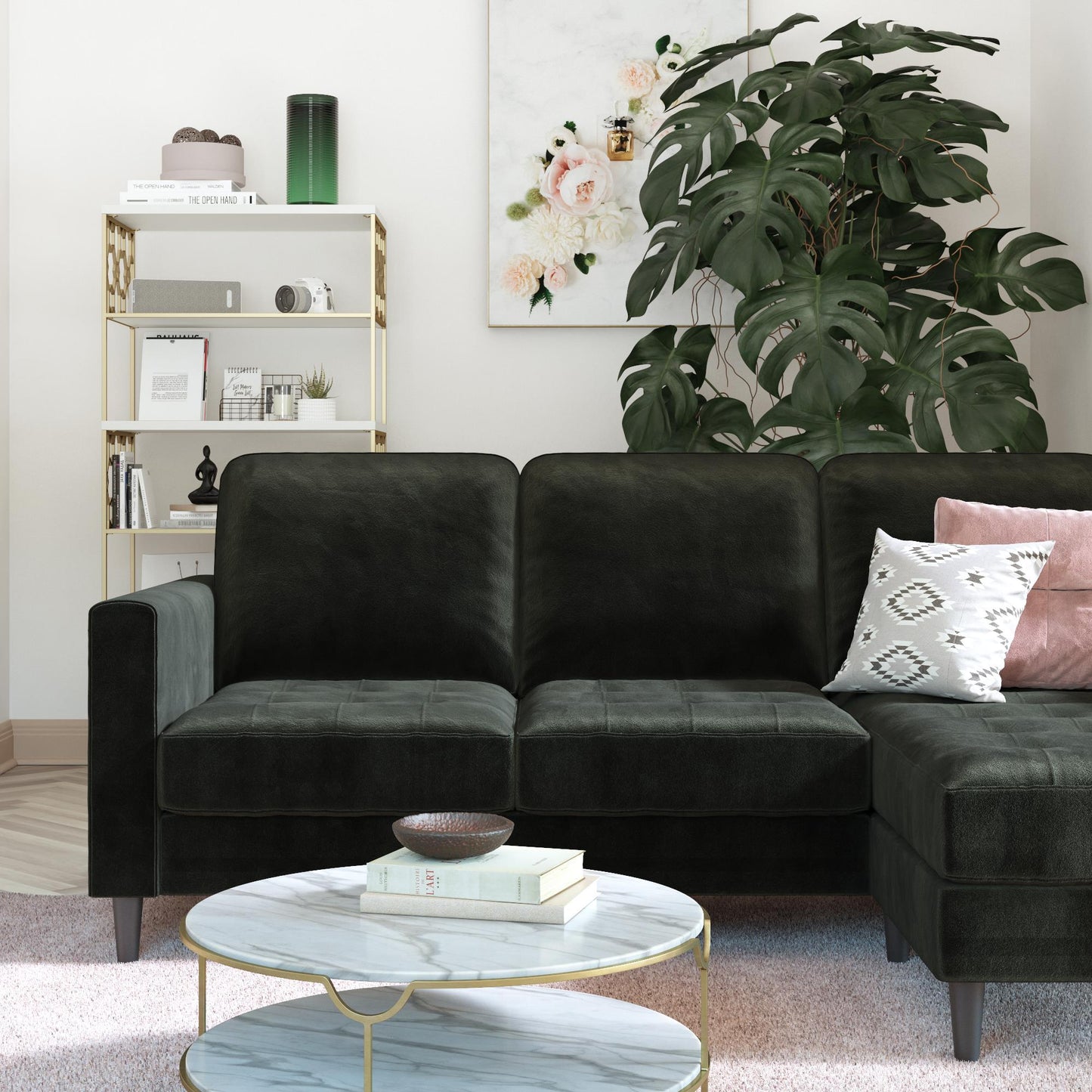 CosmoLiving Strummer Reversible Sectional Sofa Couch, Black Velvet - Black