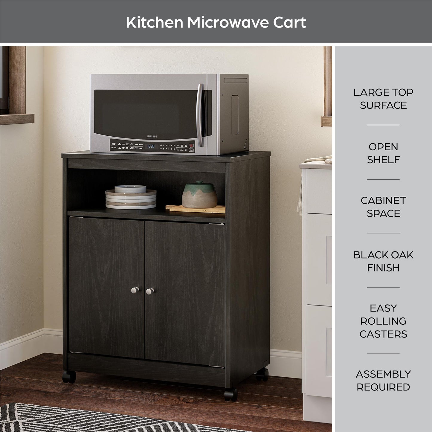 Landry 2 Door Utility Microwave Cart with Shelves - Black Oak