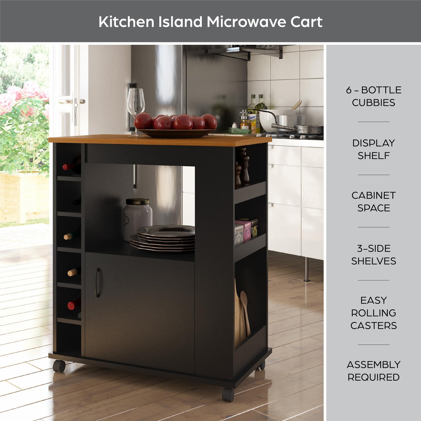 Williams Mobile Kitchen Cart with Wine Bottle Storage - Black
