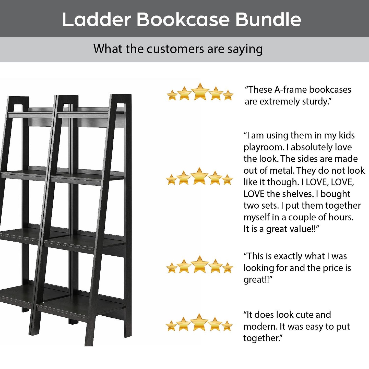 Lawrence 4 Shelf Ladder Bookcase Bundle, Set of 2 - Black